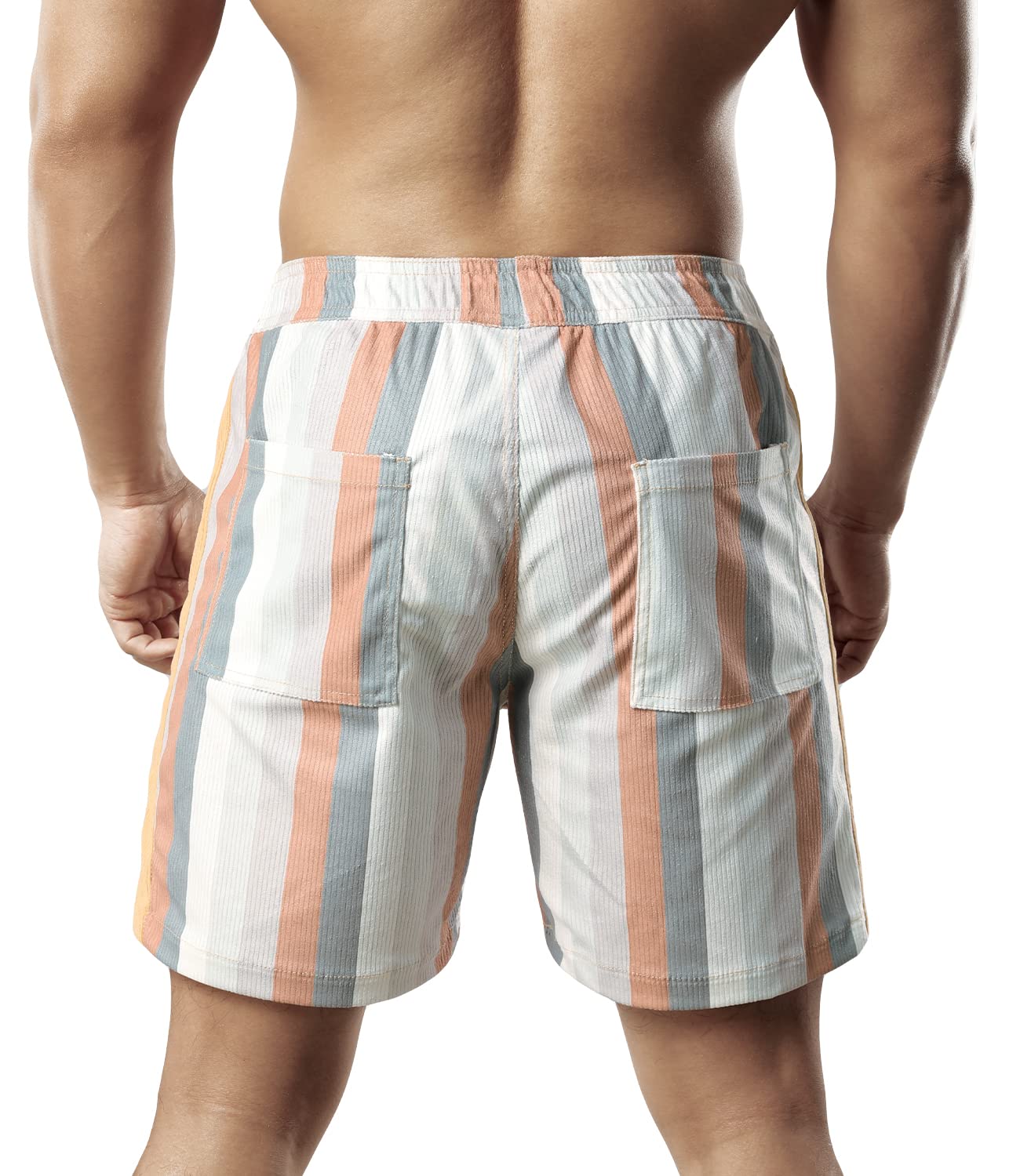 JOTOOK Men's Casual Drawstring Corduroy Shorts Elastic Waist Summer Shorts with Pocket Hawaiian Short Large Grey White Stripe