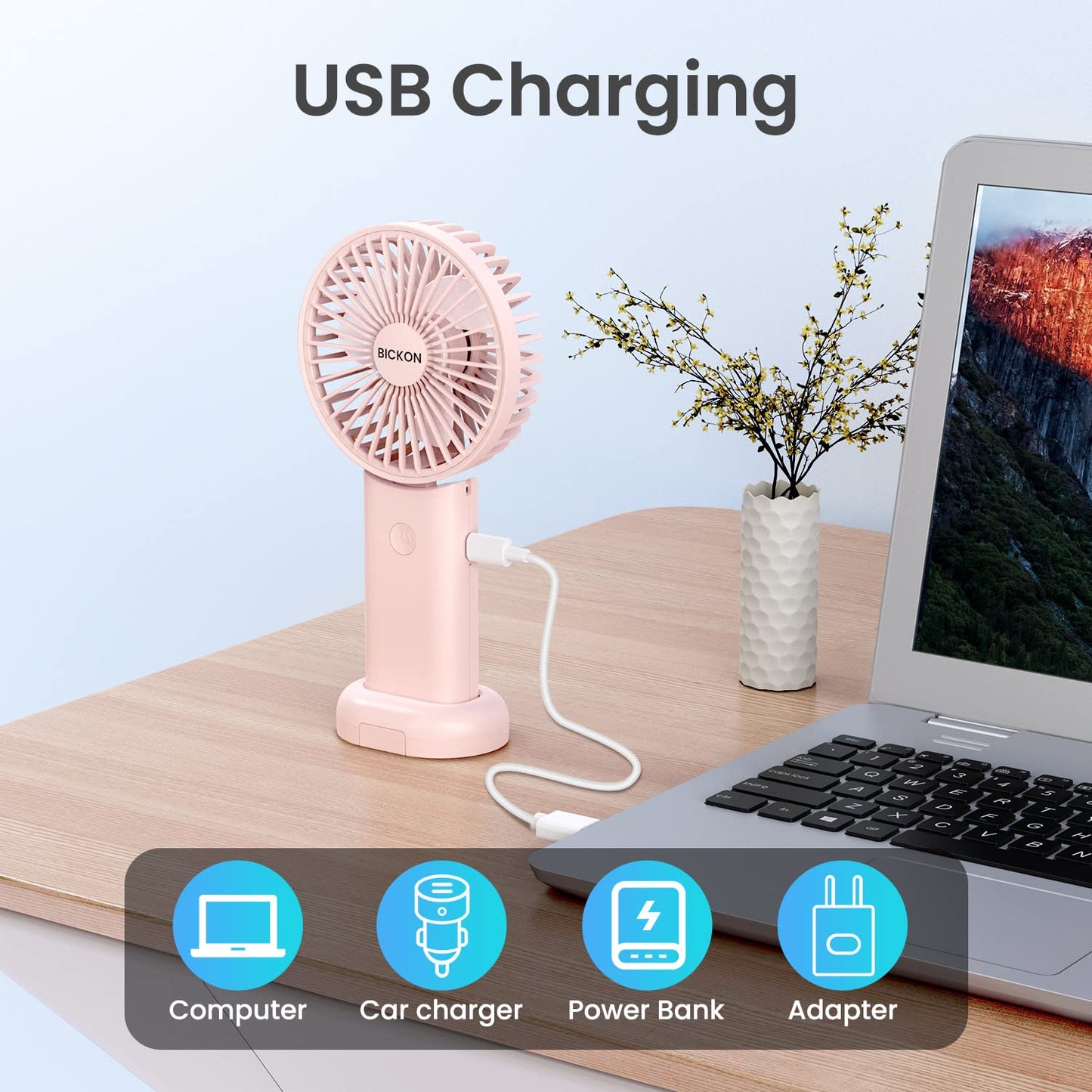 BICKON Handheld Portable Fan With USB Rechargeable Battery, 3 Adjustable Speed Personal Desk Table Fan With Base, Lightweight for Makeup, Travel, Outdoor Indoor Office - Women, Girls, Kids