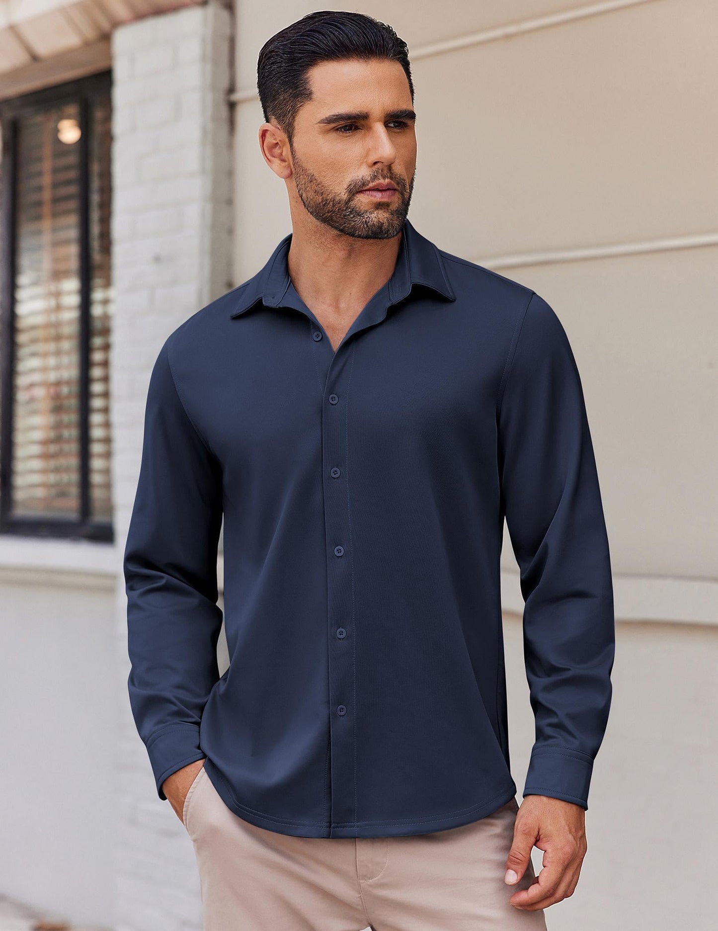 COOFANDY Mens Long Sleeve Button Down Shirts Casual Untucked Shirts Stretch Shirts Navy Blue