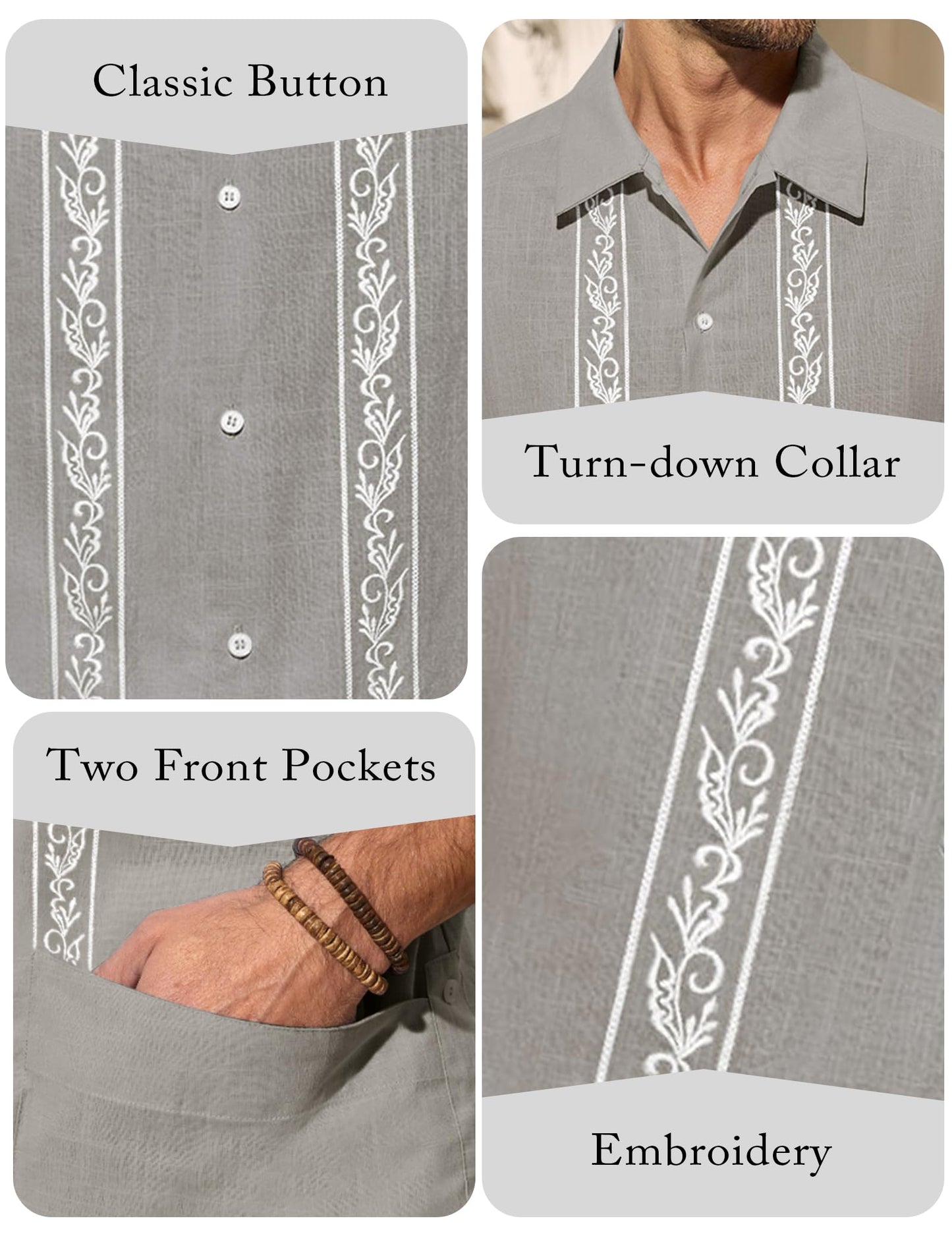 Mens Cuban Guayabera Shirts Embroidered Mexican Cotton Linen Short Sleeve Shirt Casual Button Down Pocket Shirt Grey