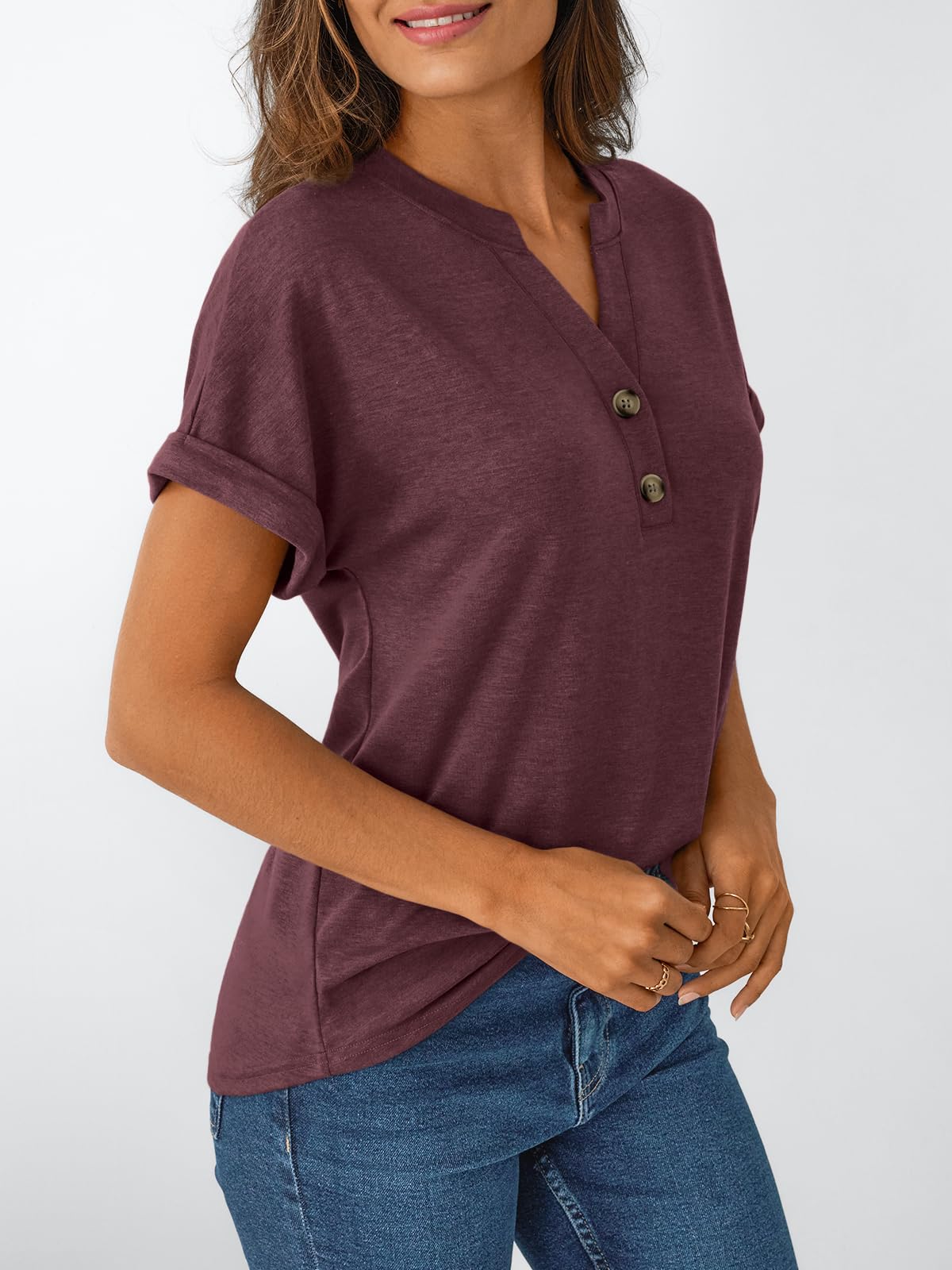 AUTOMET Women's Short Sleeve Shirts Henley Dressy Casual Summer Tops 2025 Trendy Blouses Cute T-Shirts Outfits Clothes Wine L