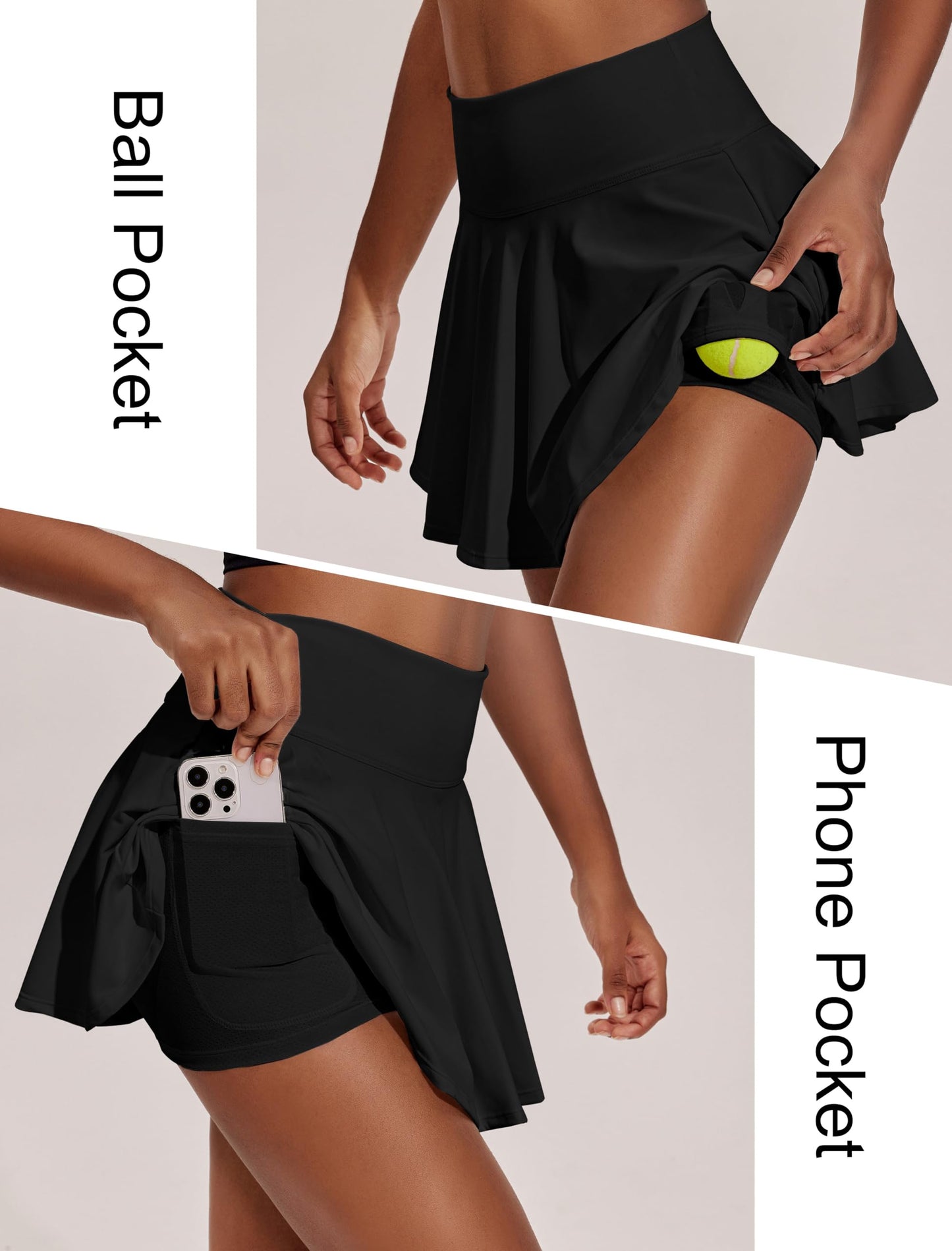PINSPARK Mini Tennis Skirts for Women Pleated Golf Skorts Skirt with Shorts Lightweight Workout Skirt with Pockets Black L