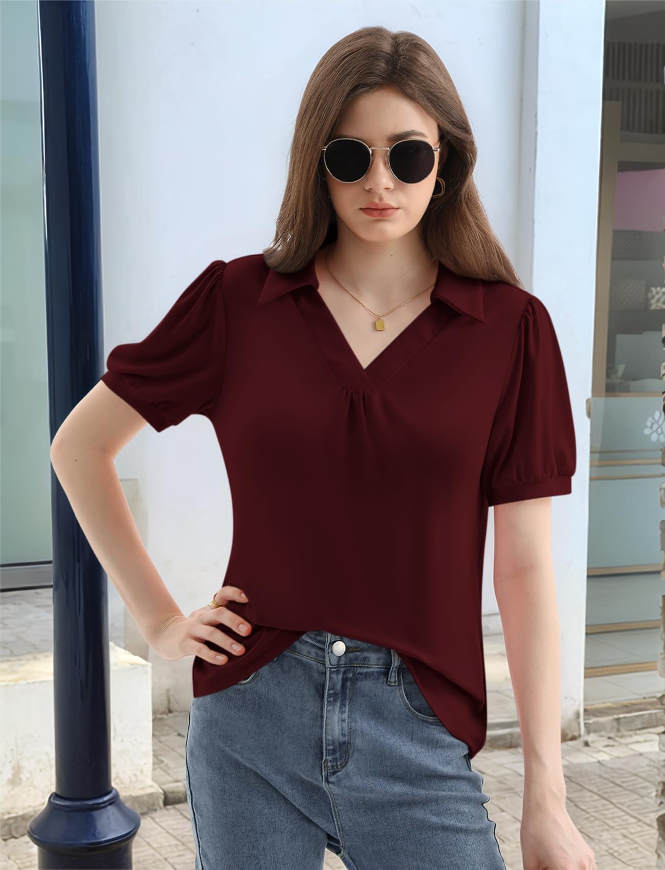 LA BAIESO Womens Puff Short Sleeve Polo Shirts V Neck Dressy Business Casual Summer Collared Tops Loose Tunic Cute Blouses