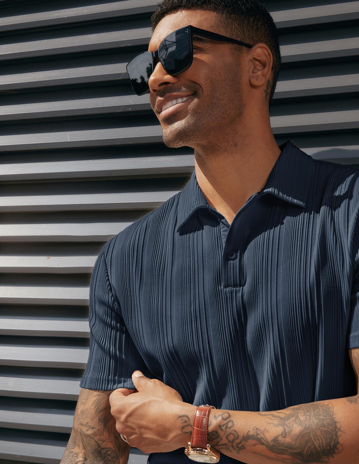 Mens Polo Shirts Textured Soft Touch Regular Fit Golf Polo Shirts Navy