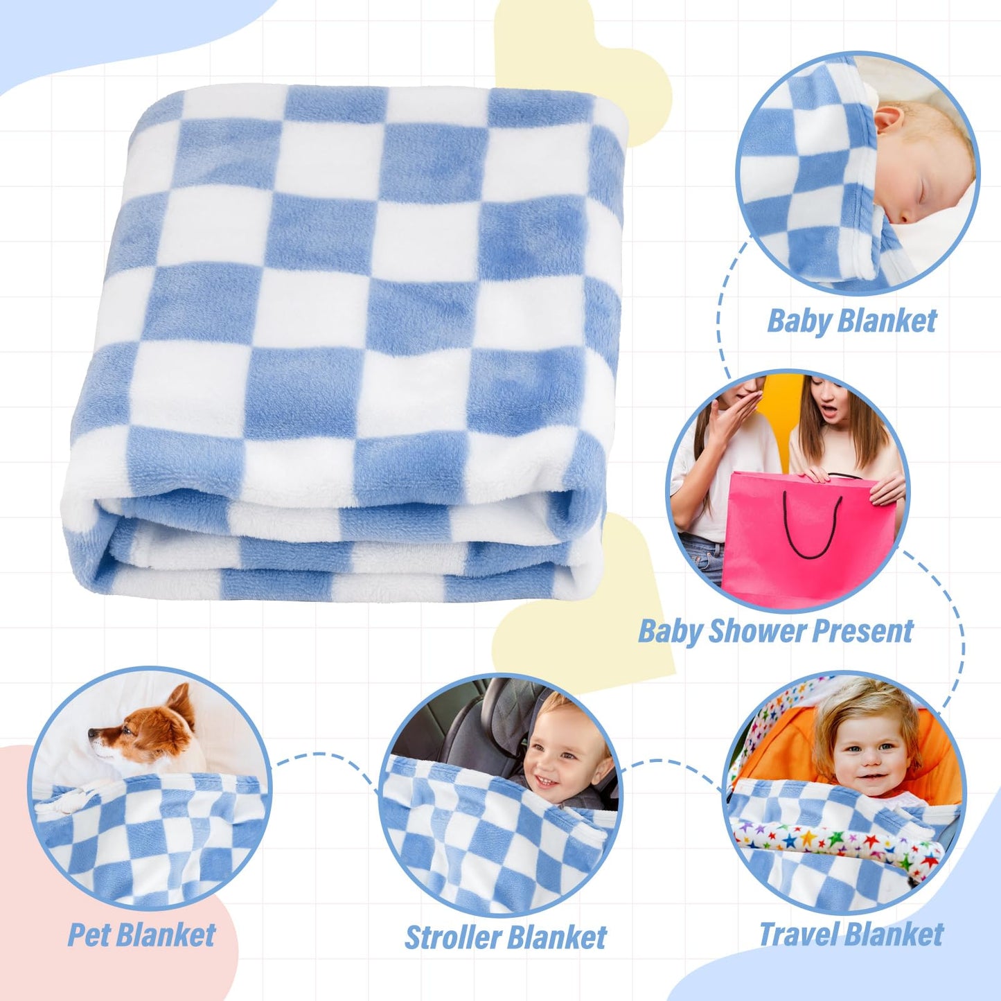 GreatBba Plush Checkered Baby Blanket for Boys Girls Nursery, 30"*40" Warm Short Fleece Blanket Neutral for Infant Newborn, Small Fuzzy for Sleeping, Chenille Baby for Stroller (Blue&White)