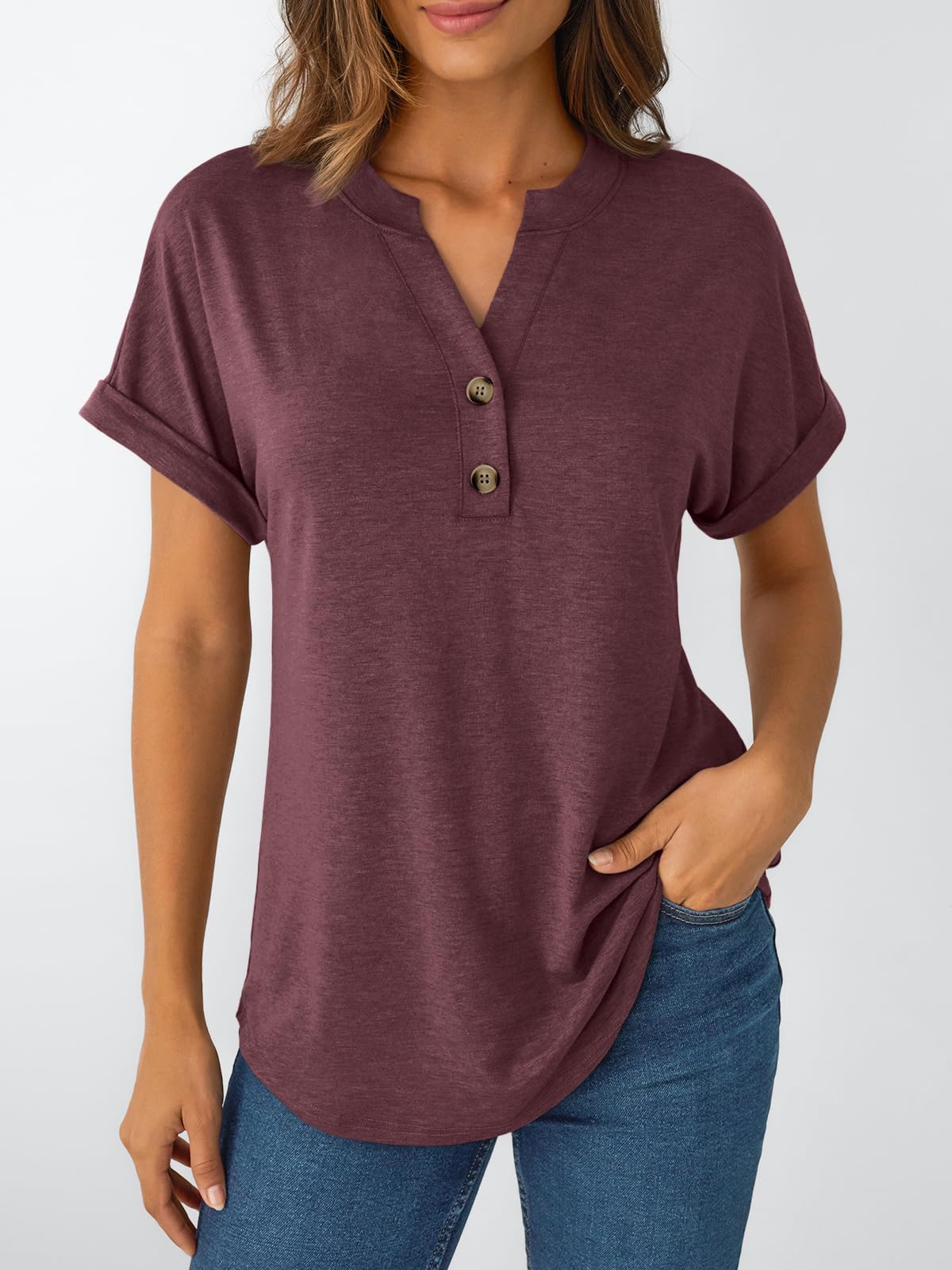 AUTOMET Women's Short Sleeve Shirts Henley Dressy Casual Summer Tops 2025 Trendy Blouses Cute T-Shirts Outfits Clothes Wine L