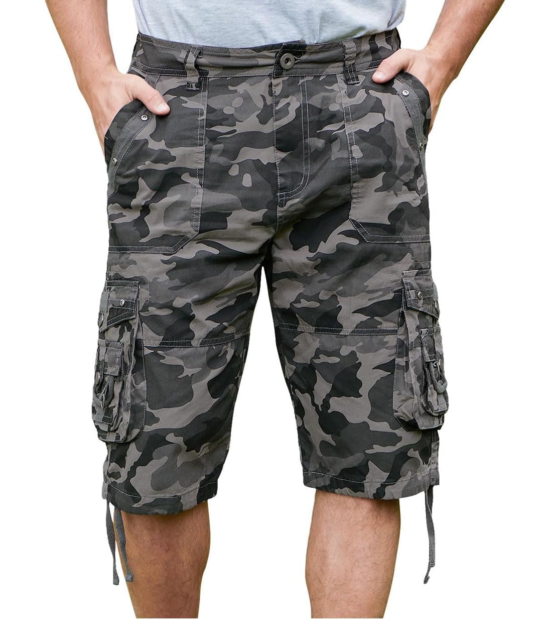 VOPOKER Mens Cargo Short Cotton Twill Relaxed Fit Multi Pocket Hiking Shorts Casual Classic Zipper Cargo Outdoor Work Black Camo 34