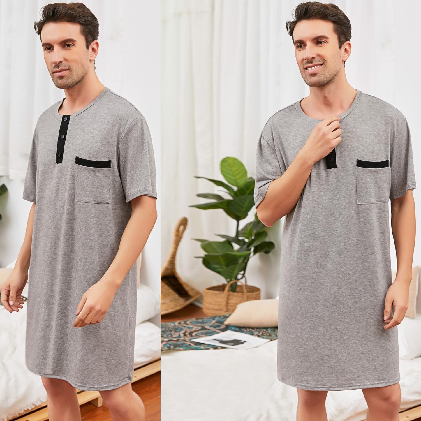 Men's Cotton Pyjama Tops Soft Sleepwear Breathable Nightgown Knee Length Night Shirts Loose Nightwear Lounge Wear,Short Sleeve/Short Sleeve-3-Grey/L