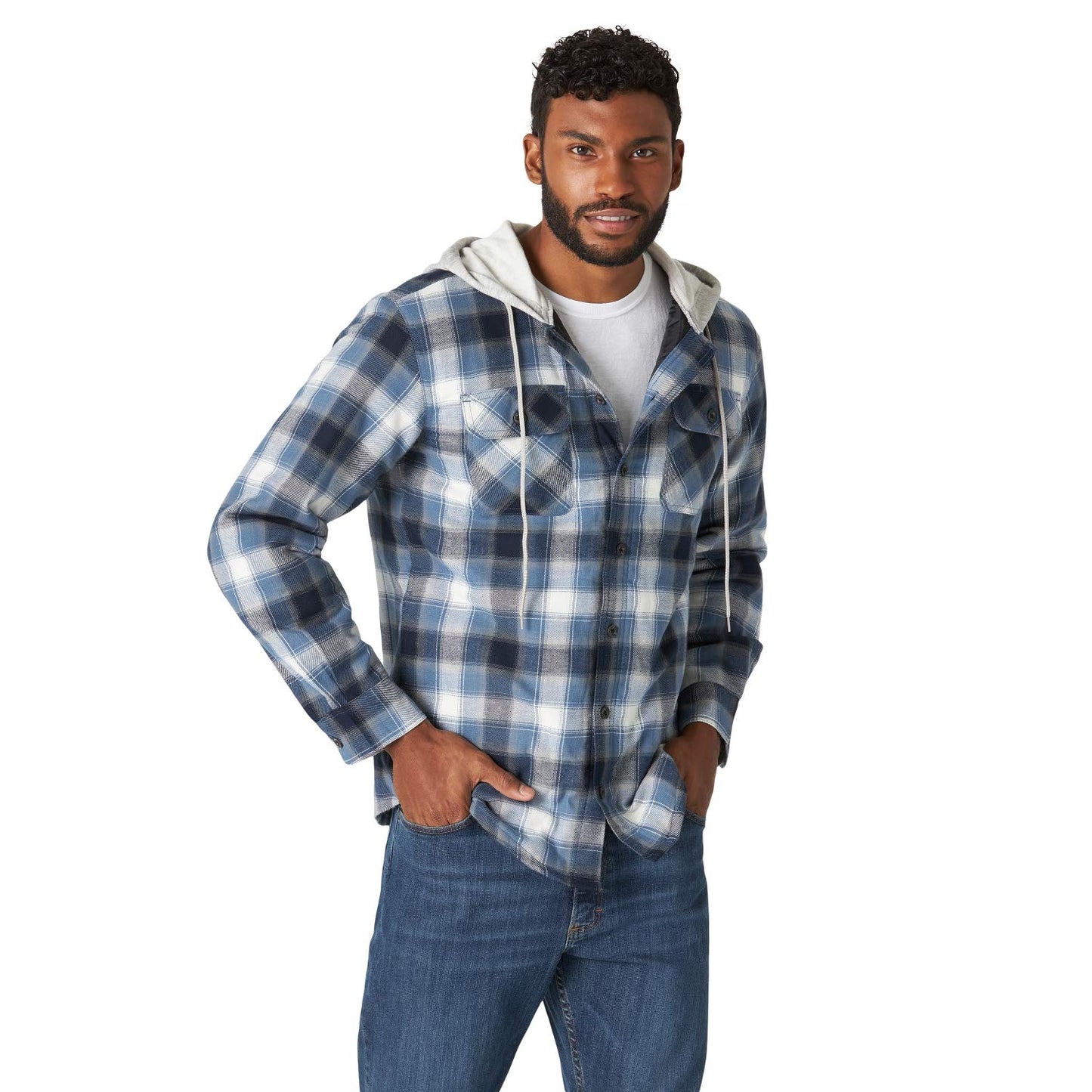 Wrangler Authentics Men's Long Sleeve Quilted Lined Flannel Shirt Jacket with Hood, Blue/Black, Large