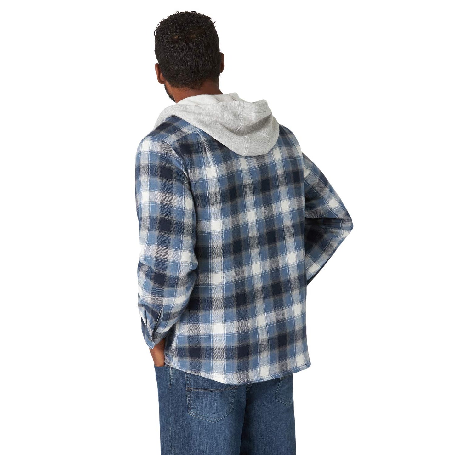 Wrangler Authentics Men's Long Sleeve Quilted Lined Flannel Shirt Jacket with Hood, Blue/Black, Large
