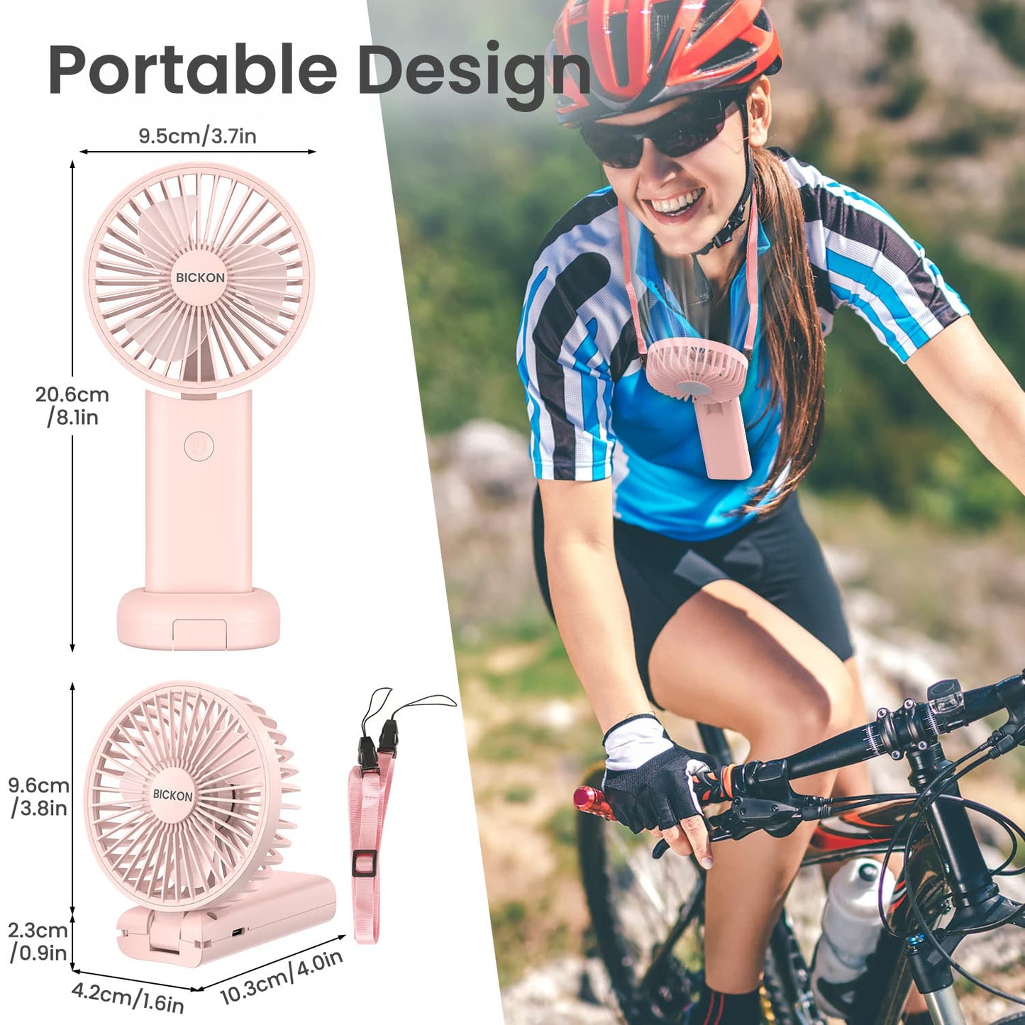 BICKON Handheld Portable Fan With USB Rechargeable Battery, 3 Adjustable Speed Personal Desk Table Fan With Base, Lightweight for Makeup, Travel, Outdoor Indoor Office - Women, Girls, Kids