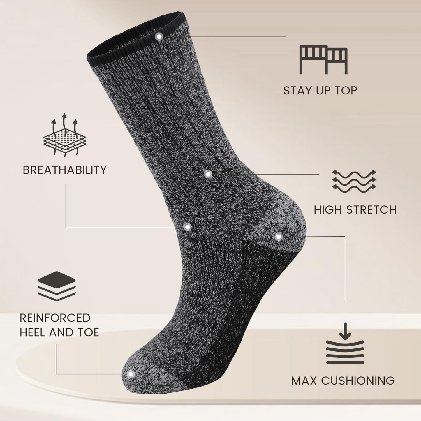 FRESBEIT Merino Wool Socks For Running 5 Pairs Winter Thick Warm Socks Thermal Shock-Absorbing Athletic Socks For Men 7-13