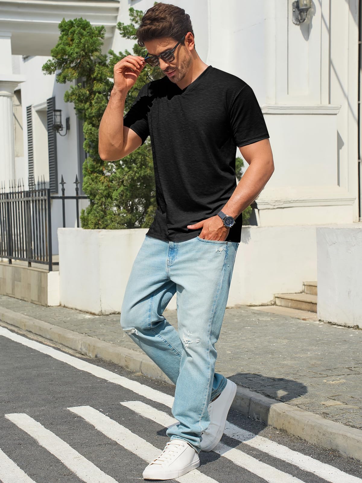 Runcati Mens T-Shirts Short Sleeve V Neck Casual Classic Shirt Summer Stretchy Regular Fit Lightweight Tees Black