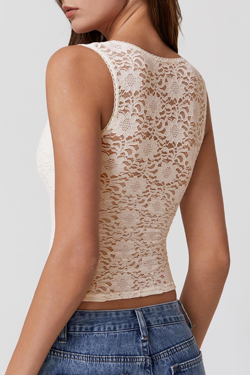 QINSEN Summer Sleeveless Lace Top for Women Tight Square Neck Soft Stretch Tank Top Off-White S