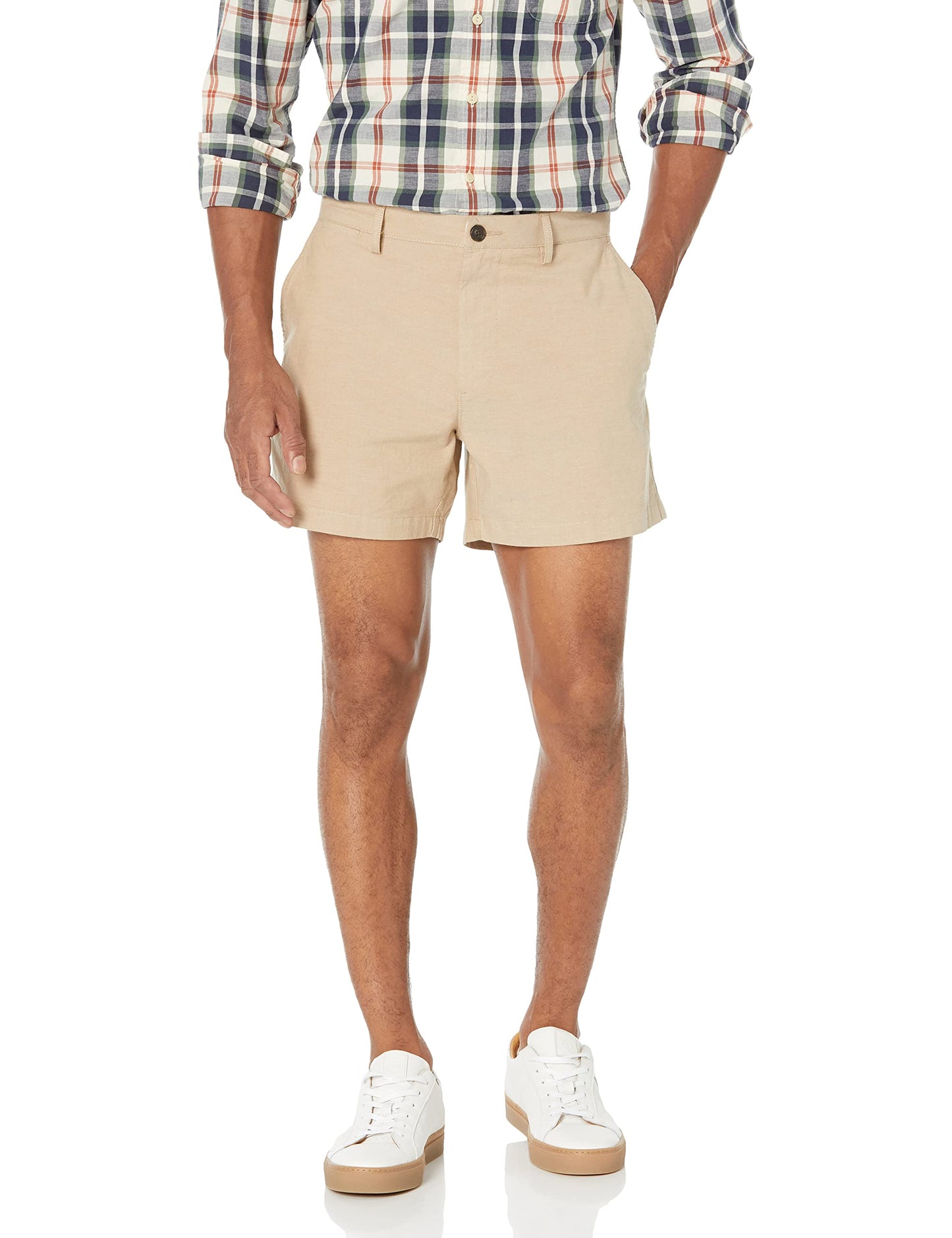 Amazon Essentials Men's Slim-Fit 5" Lightweight Comfort Stretch Oxford Shorts (Previously Goodthreads), Khaki Brown, 34