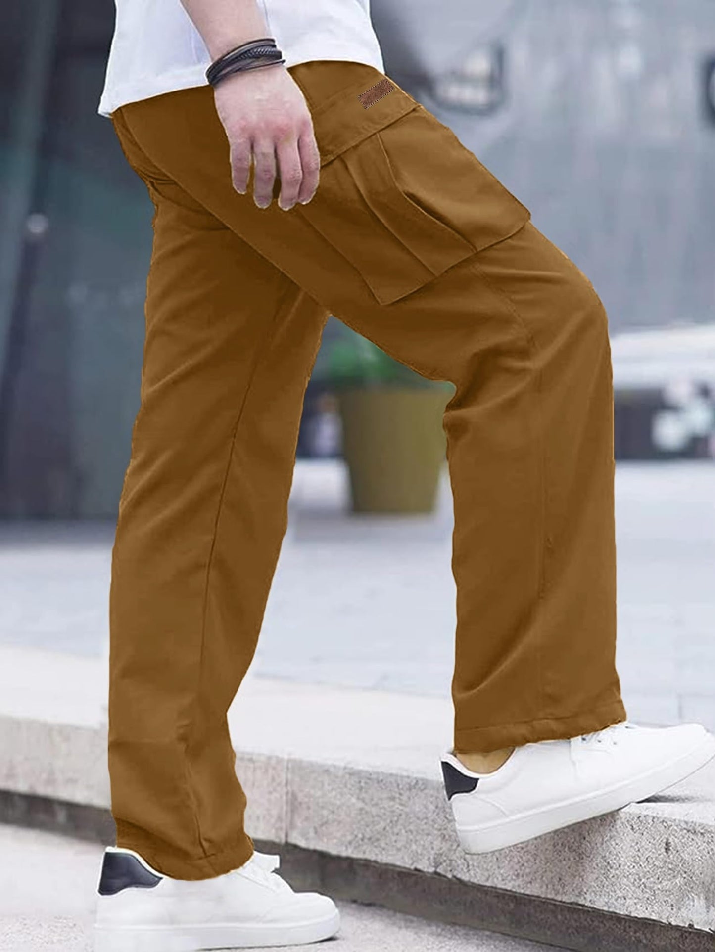 Comdecevis Men's Casual Cargo Pants Workout Joggers Stretch Sweatpants Hiking Drawstring Tactical Pants with Multi Pockets Brown