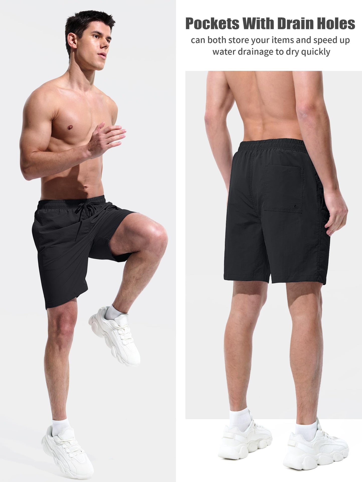 UIQUR Men's Swim Trunks Beach Board Shorts Quick Dry Swimsuit Bathing Suits with Pockets 7 Inch Inseam Mesh Lining Black L