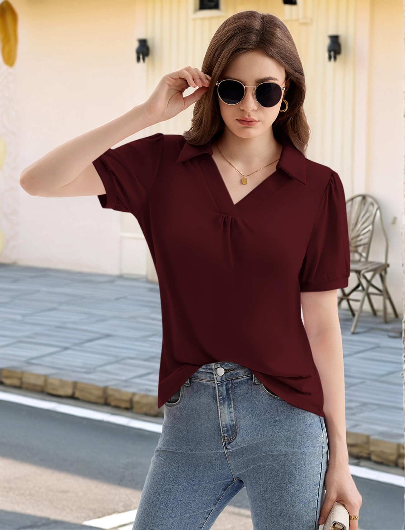 LA BAIESO Womens Puff Short Sleeve Polo Shirts V Neck Dressy Business Casual Summer Collared Tops Loose Tunic Cute Blouses
