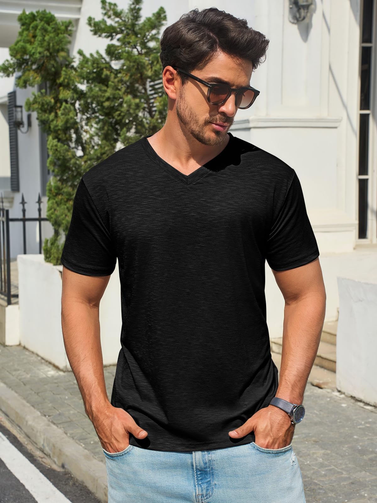 Runcati Mens T-Shirts Short Sleeve V Neck Casual Classic Shirt Summer Stretchy Regular Fit Lightweight Tees Black