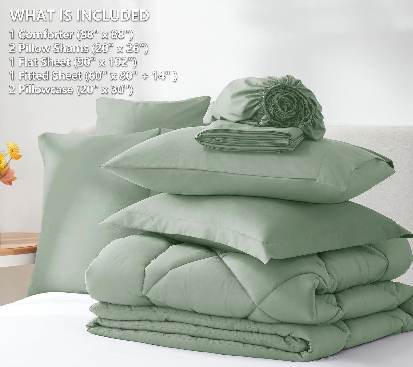 CozyLux Queen Comforter Set with 7 Pieces Bed in a Bag - Sage Green All Season Bedding with Comforter, Pillow Shams, Flat Sheet, Fitted Sheet and Pillowcases
