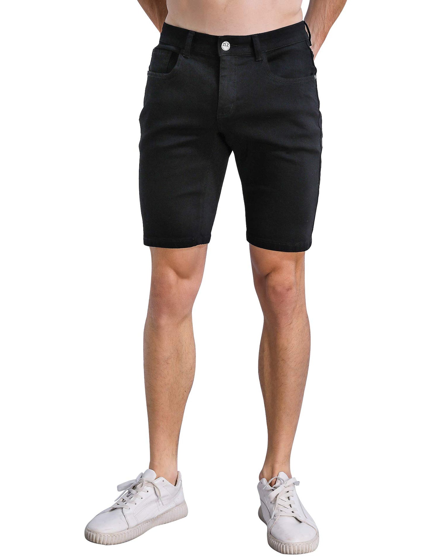 ZLZ Short Jeans for Men Slim Fit, Men's Fashion Design Stretch Slim Black Denim Shorts Pants with Holes, Size 36