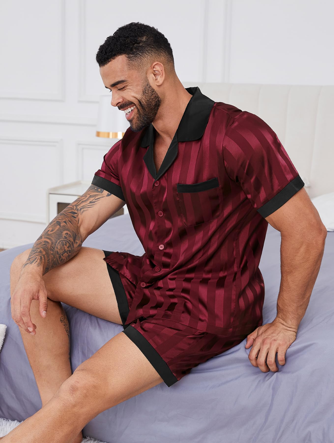 DEARCASE Mens Pajamas Set Satin Silk Sleepwear Shorts Wine Red Black X-Large Sexy Nightwear Button Down 2 Piece Slumber Party Christmas Birthday Loungewear Sets Father Boyfriend Husband