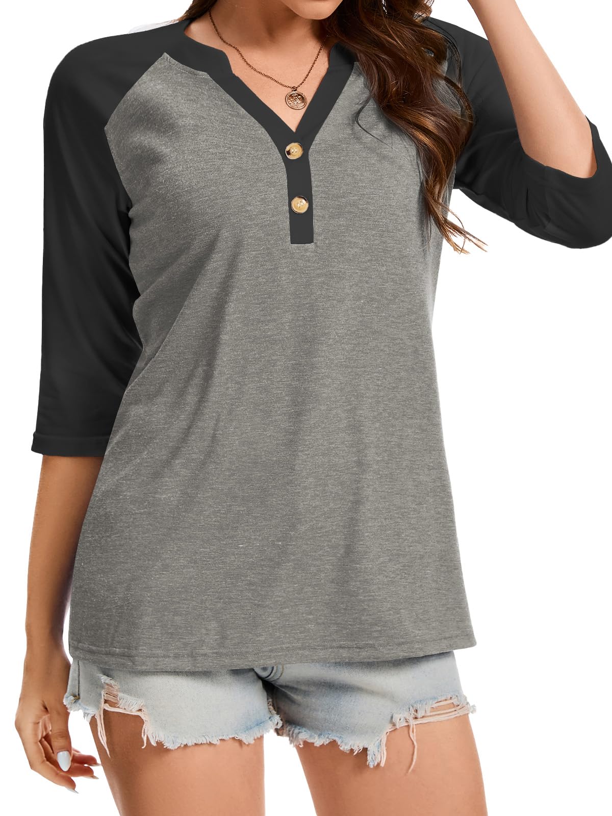 Dimur 3/4 Sleeve Tops for Women Business Casual Button Down Shirts Workout Summer Basic Tees Grey Black X-Large