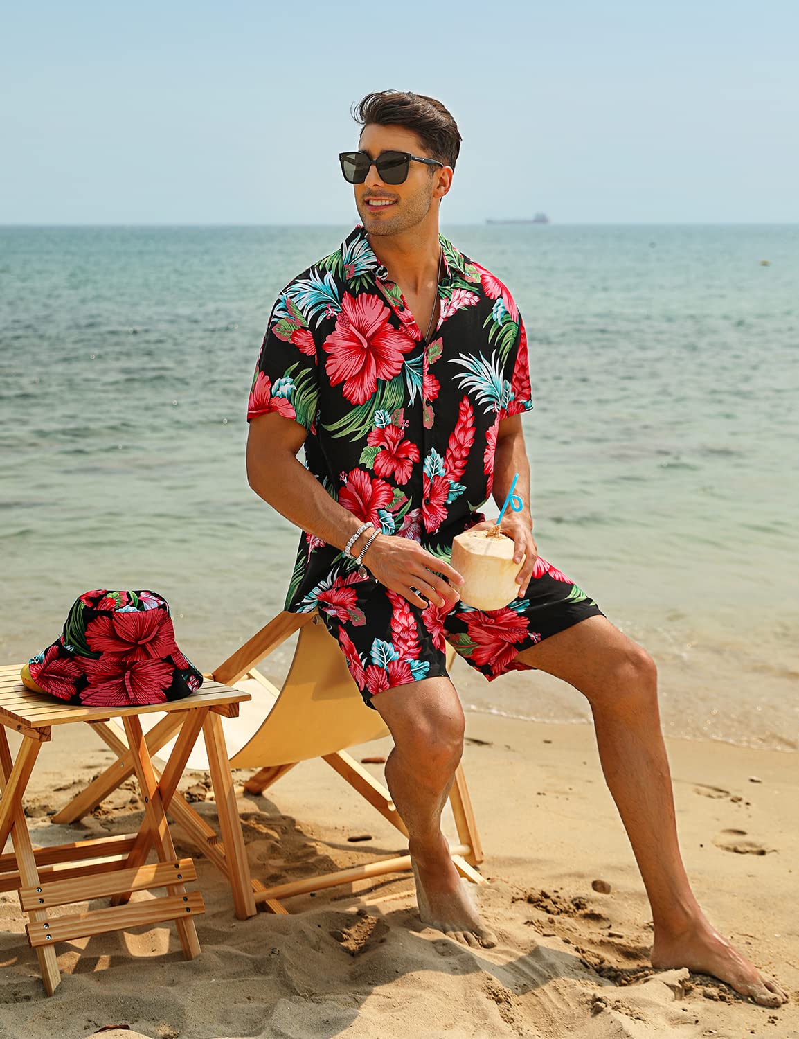 EISHOPEER Men's Hawaiian Shirt and Short 2 Piece Outfits Sets Casual Button Down Beach Floral Shirts Suits with Bucket Hats Large
