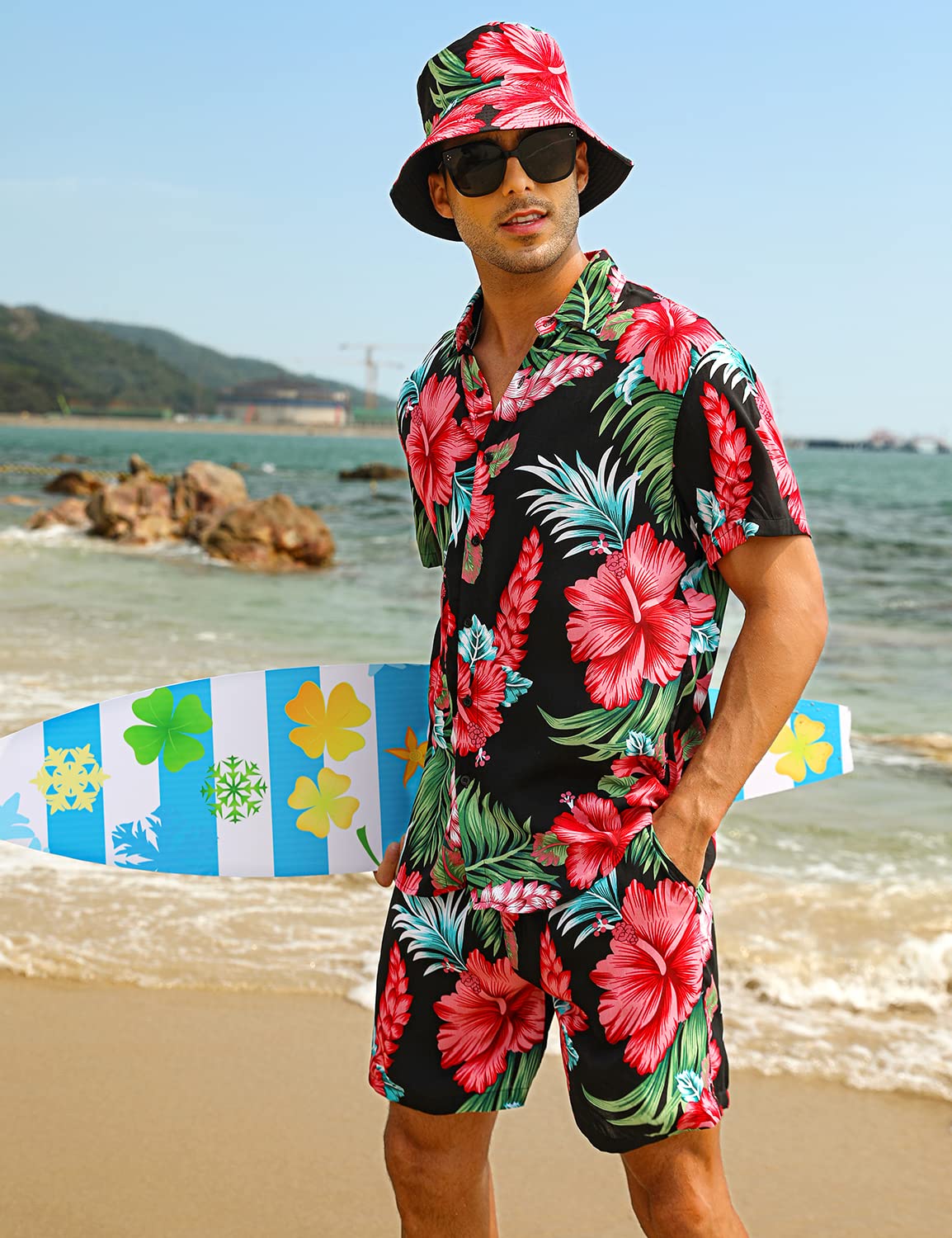 EISHOPEER Men's Hawaiian Shirt and Short 2 Piece Outfits Sets Casual Button Down Beach Floral Shirts Suits with Bucket Hats Large