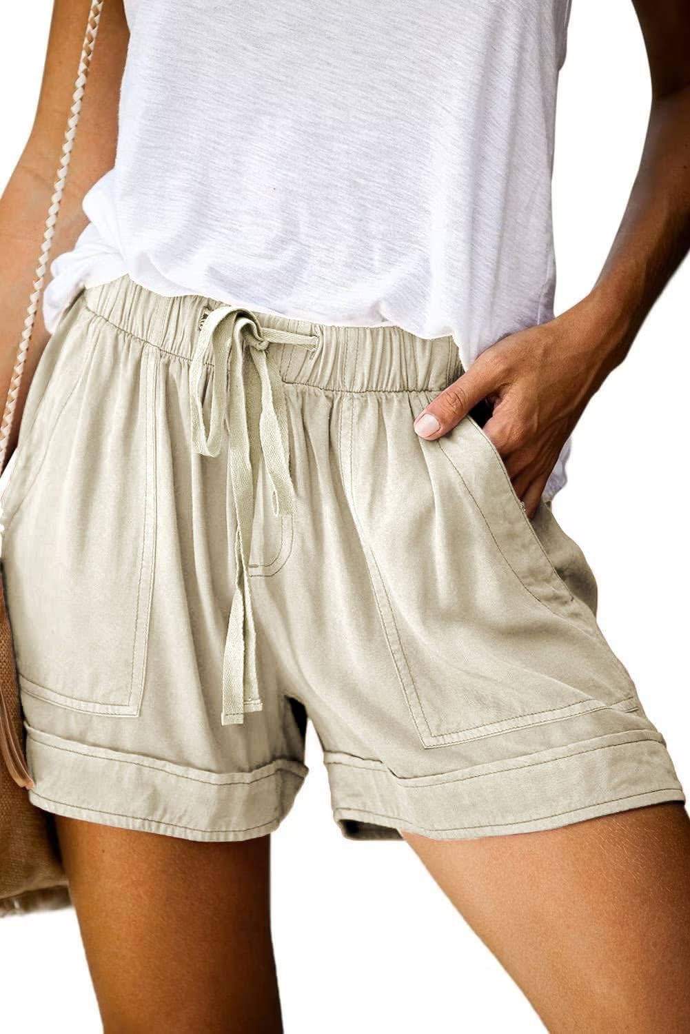 Wielsscca Womens Drawstring Shorts Trendy Summer Elastic Waist Cute Casual Cotton Lightweight with Pockets Q-Khaki L