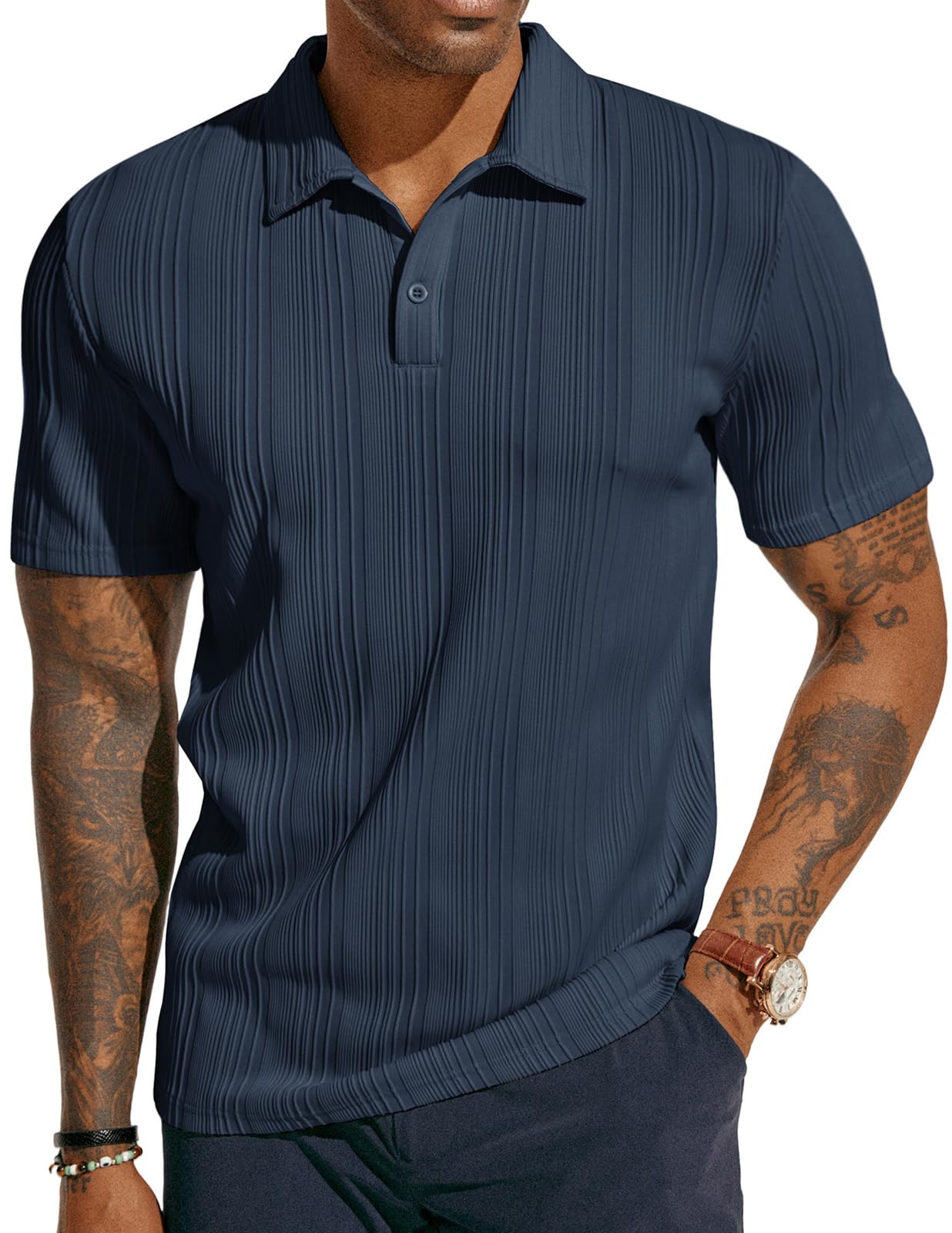 Mens Polo Shirts Textured Soft Touch Regular Fit Golf Polo Shirts Navy