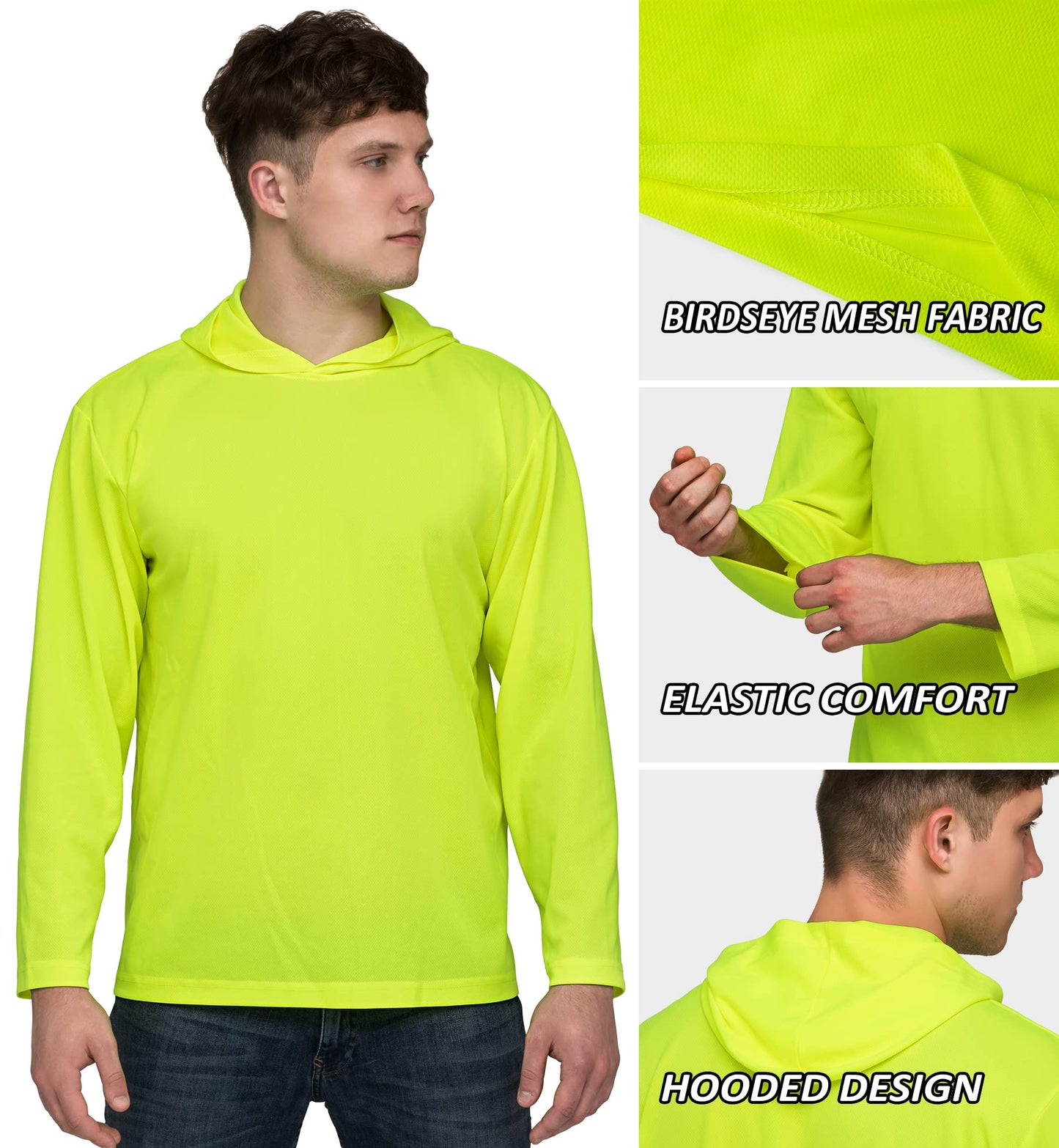 ProtectX 2-Pack Men High Visibility Lightweight Long Sleeve Hoodie, UPF 50+ Sun Protection T Shirts, SPF Outdoor UV Shirt, Neon Green - Large