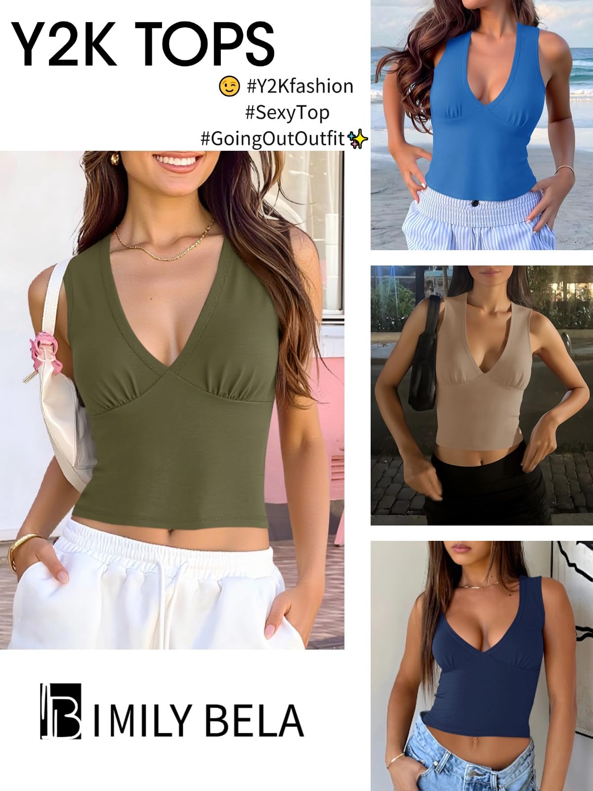 Imily Bela Women's Sexy Plunge Deep V Neck Going Out Tank Top Summer Sleeveless Slim Fitted Workout Tops Black