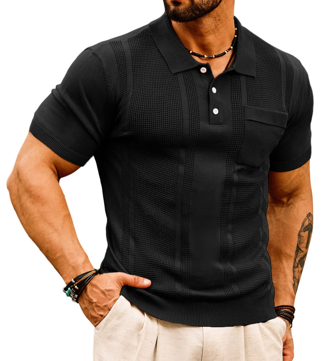 GRACE KARIN Mens Short Sleeve Knitted Bowling Polo Shirts Knitting Lightweight Golf Tee Shirt for Summer Black L
