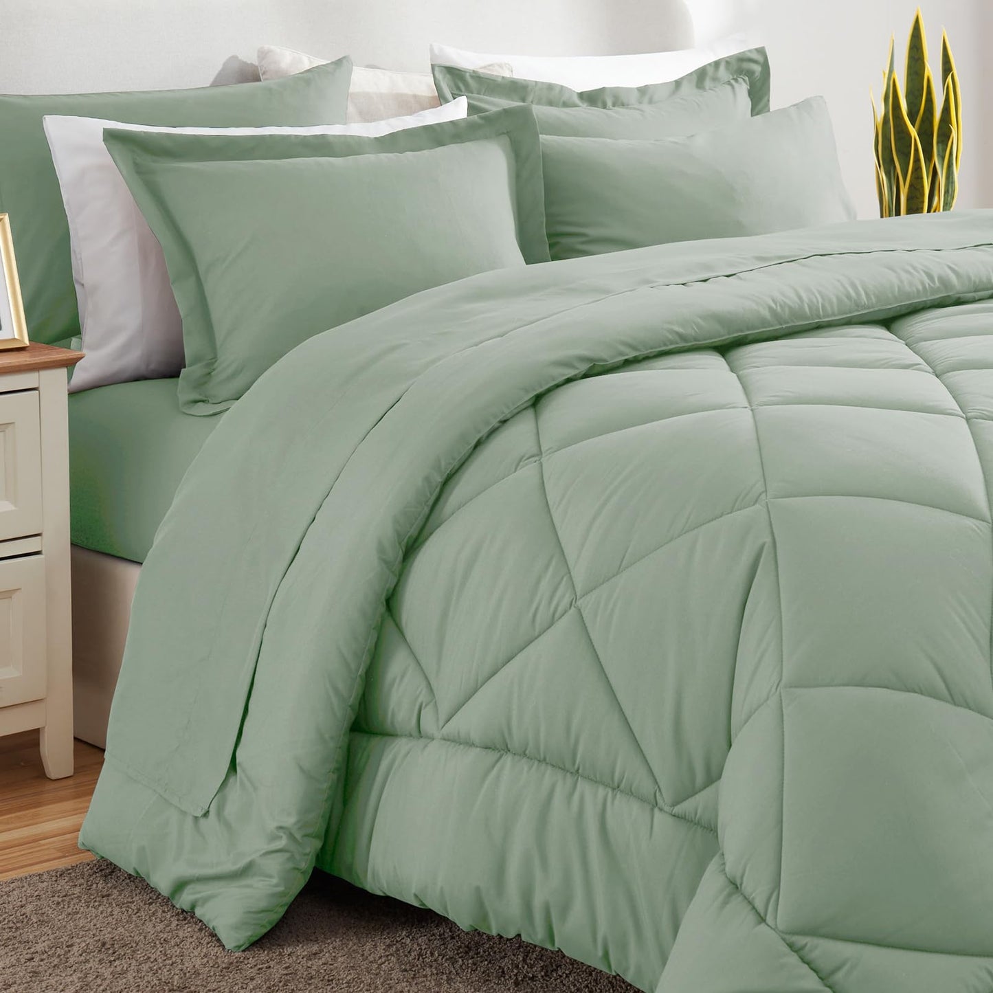 CozyLux Queen Comforter Set with 7 Pieces Bed in a Bag - Sage Green All Season Bedding with Comforter, Pillow Shams, Flat Sheet, Fitted Sheet and Pillowcases