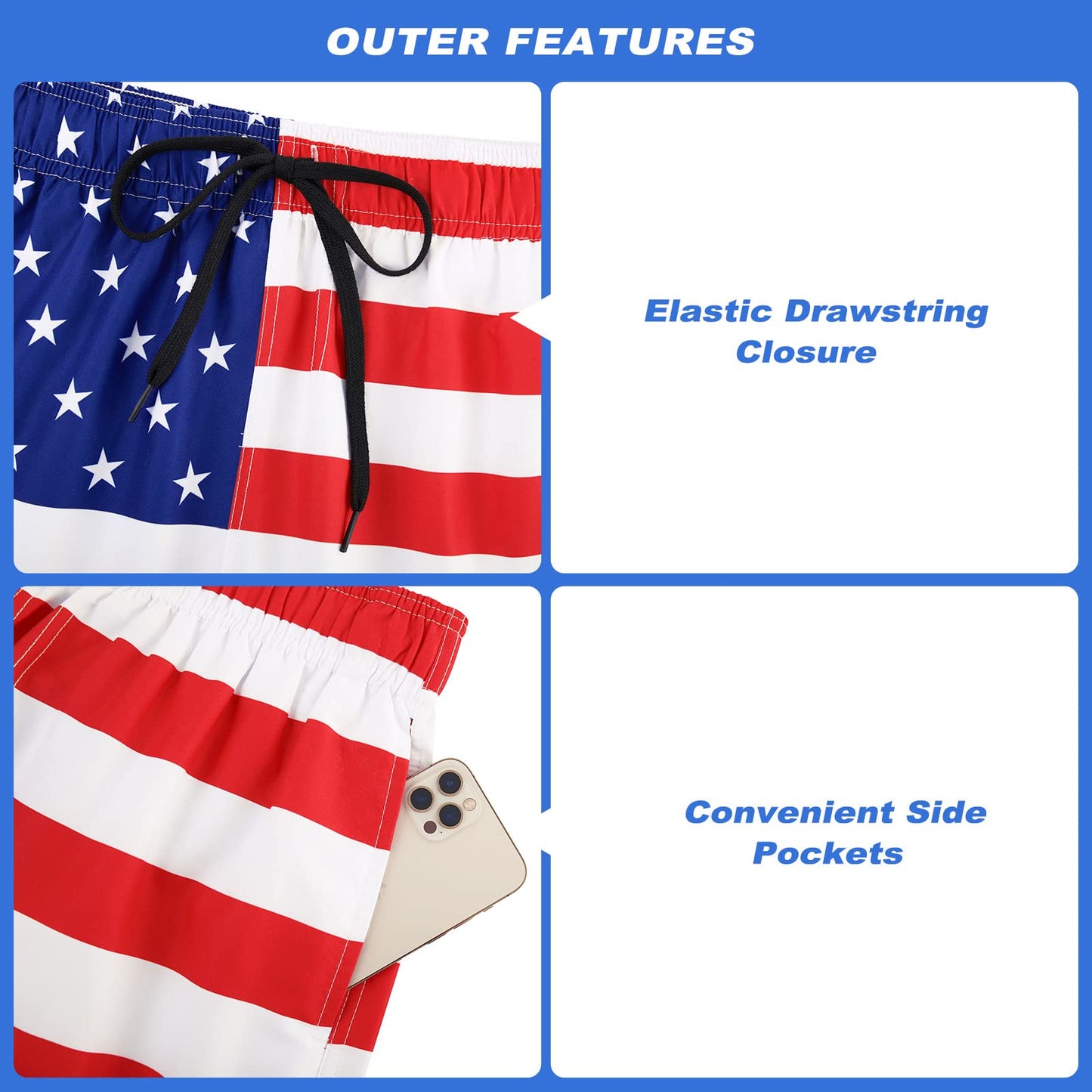 Cozople Mens Swim Trunks 4th of July Bathing Suit with Compression Liner Patriotic Swimming Shorts Beach Anti Chafe Swimming Trunk Swimwear White Red Stripe S