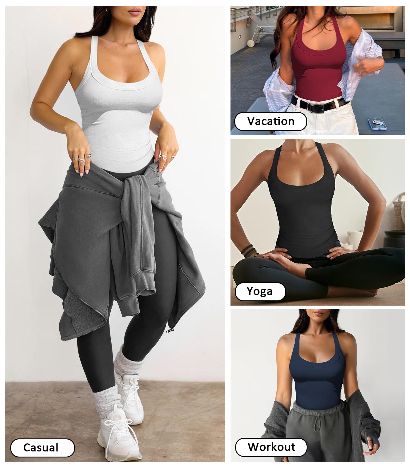 Hragc Womens Halter Top Deep Scoop Neck Low Cut Racerback Tank Top for Women Workout Ribbed Knit Fitted Black Small Sleeveless Cami Shirt
