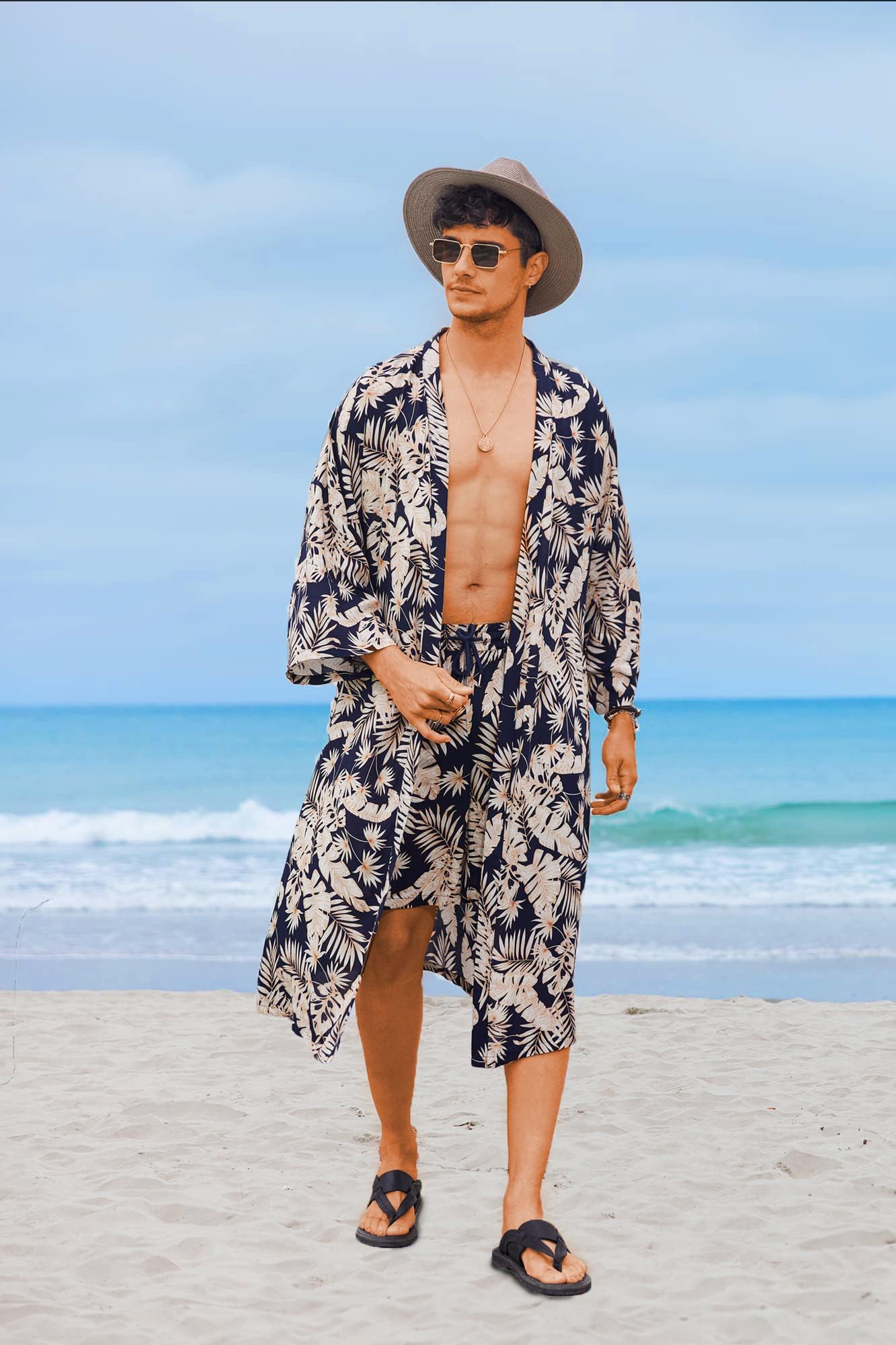 COOFANDY Swim Kimono Men Summer Robes Floral Kimono Robe Beach Shorts Set Japanese Robe Set Open Front Cardigan With Belt