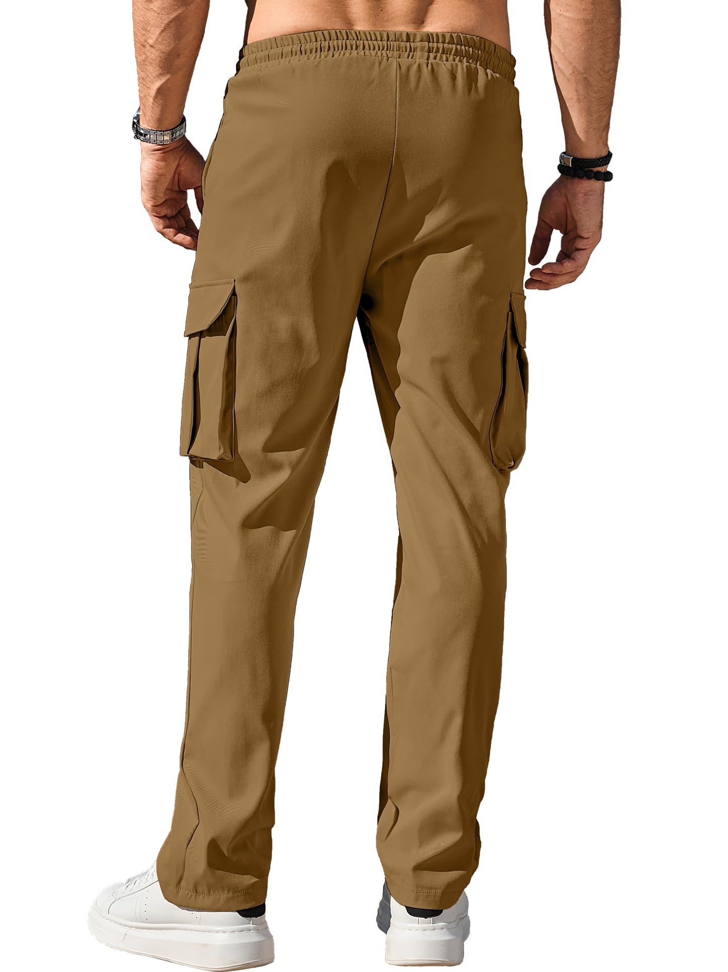 Comdecevis Men's Casual Cargo Pants Workout Joggers Stretch Sweatpants Hiking Drawstring Tactical Pants with Multi Pockets Brown