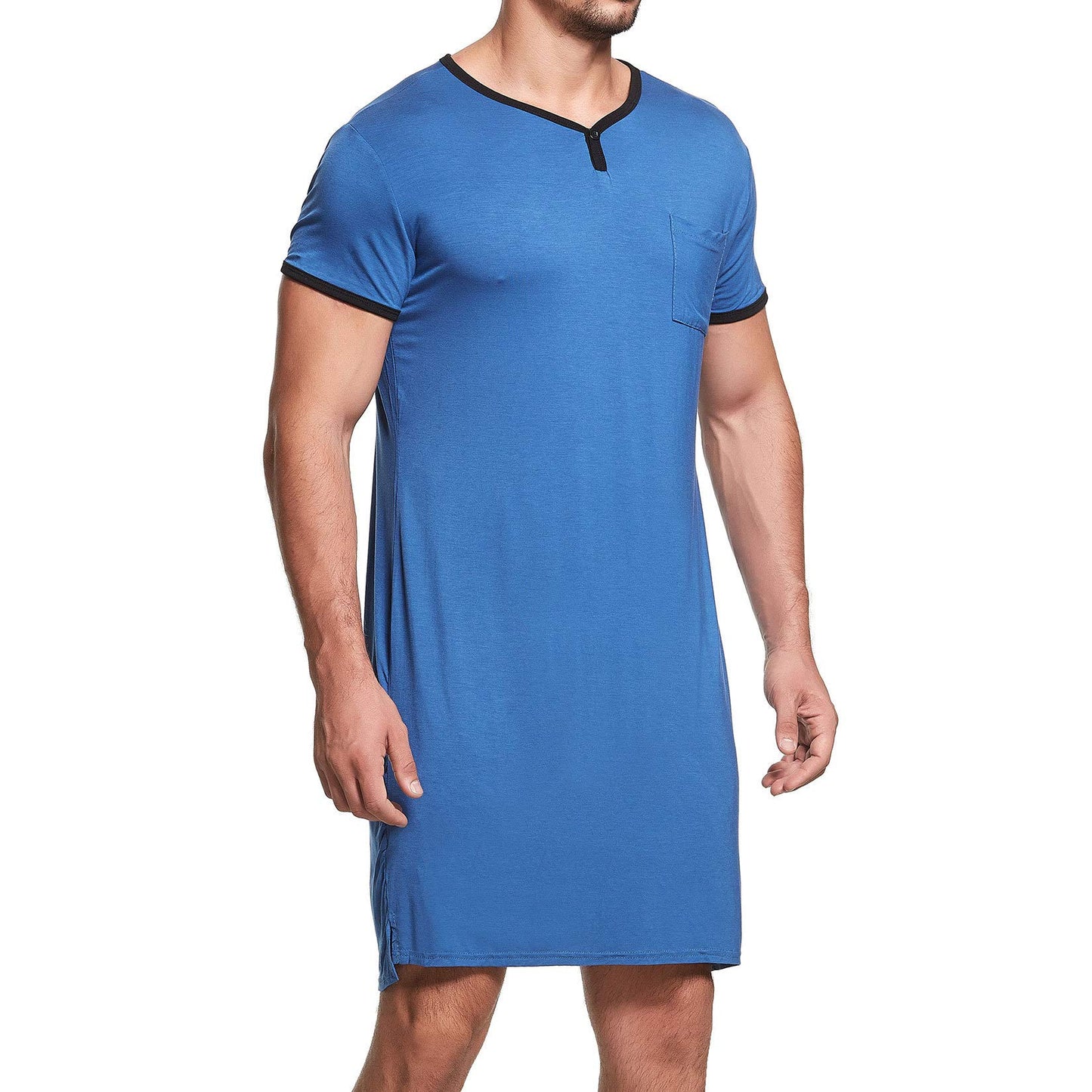 Lu's Chic Men's Short Sleeve Nightshirt Henley Pajama Top V Neck Nightgown Pocket Sleep Gown Sleepwear Loose Loungewear Sleeping Lounge Long Knee Shirt Casual Nightwear Plain Navy Large