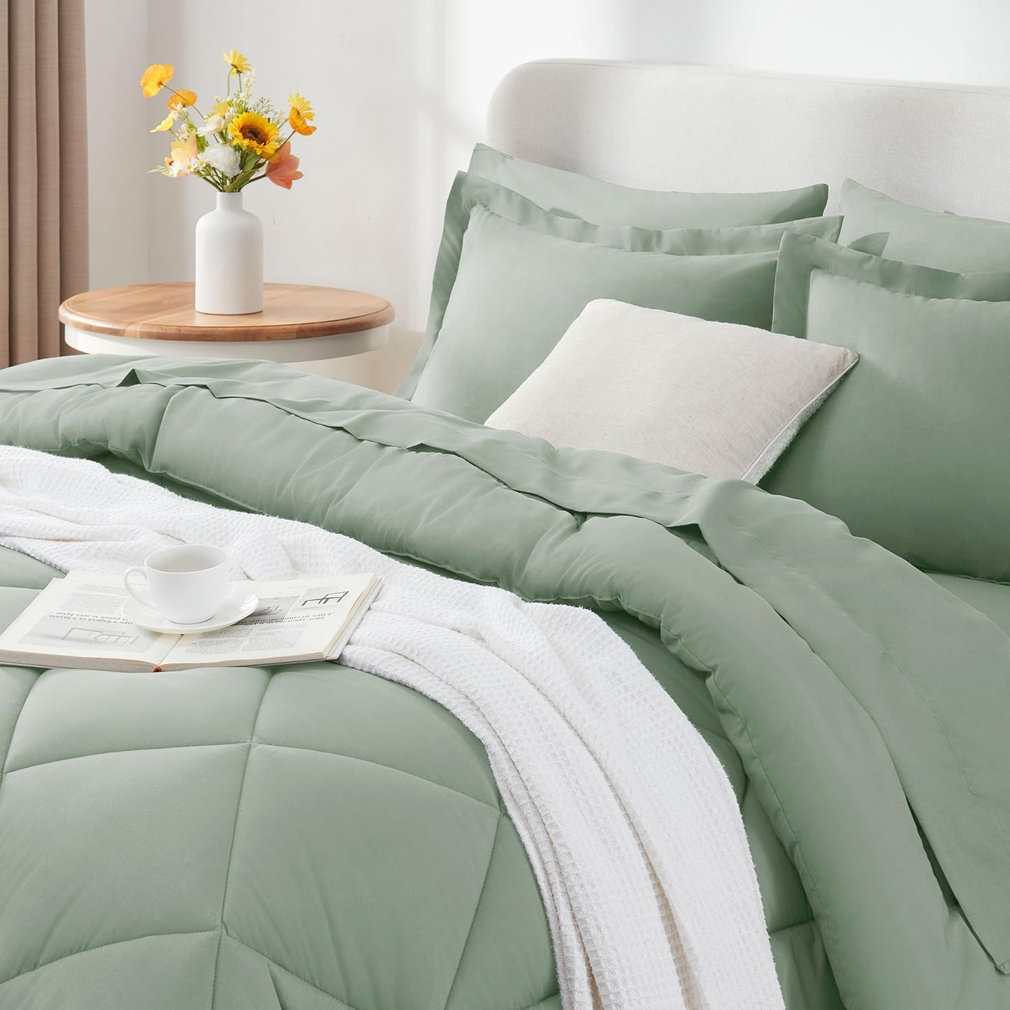 CozyLux Queen Comforter Set with 7 Pieces Bed in a Bag - Sage Green All Season Bedding with Comforter, Pillow Shams, Flat Sheet, Fitted Sheet and Pillowcases