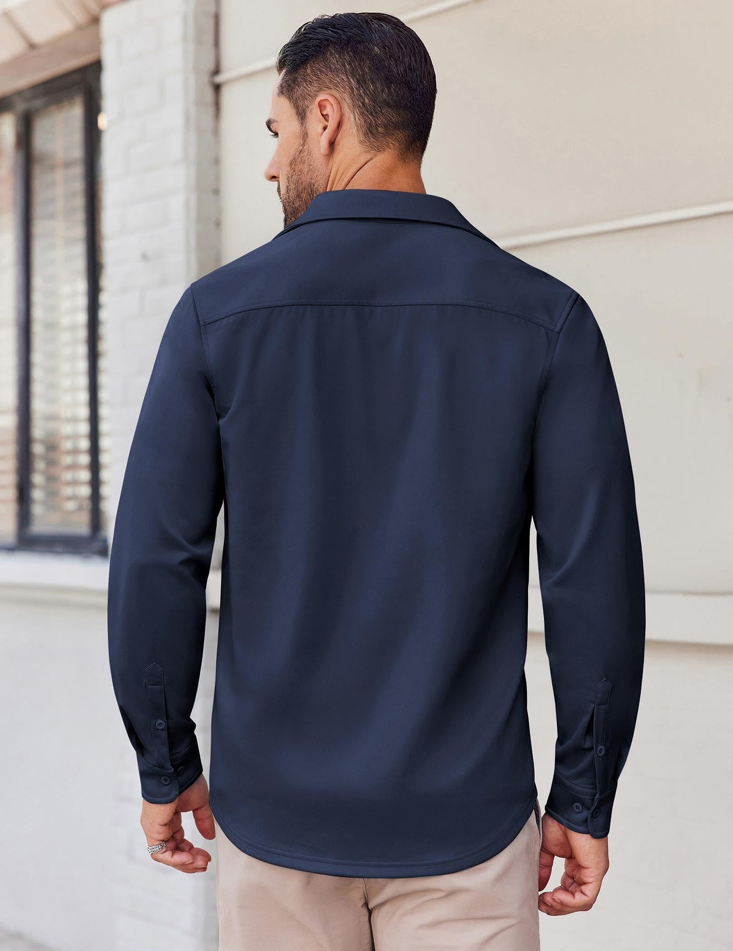 COOFANDY Mens Long Sleeve Button Down Shirts Casual Untucked Shirts Stretch Shirts Navy Blue