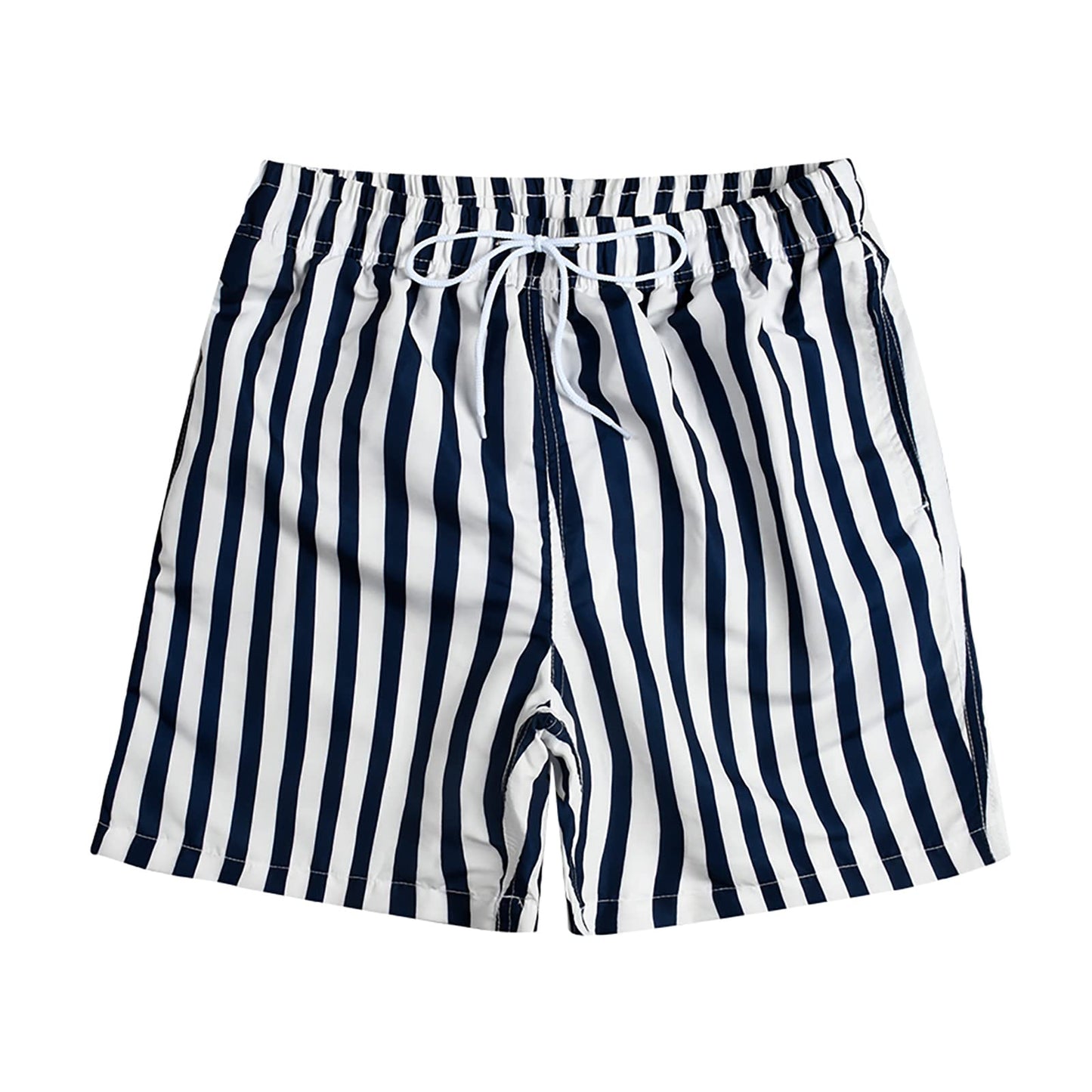 MADHERO Mens Swim Trunks Short Bathing Suit with Mesh Lining Swimming Shorts White Striped Size L