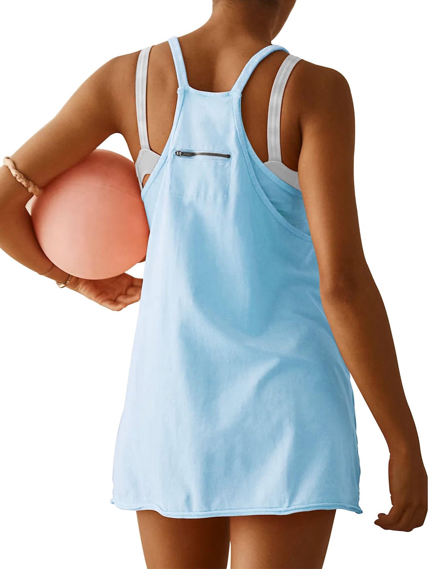 Womens Athletic Dress Hot Shot Mini Dress Built in Shorts Summer Workout Romper 2025 Trendy Outfit, Light Blue, X-Large