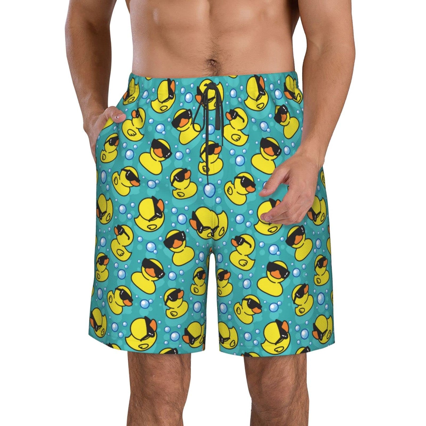 FREEHOTU Men's Swim Trunks Yellow Duck Sunglasses Teal Blue Beach Board Shorts Quick Dry Swimwear Sports with Pockets Large