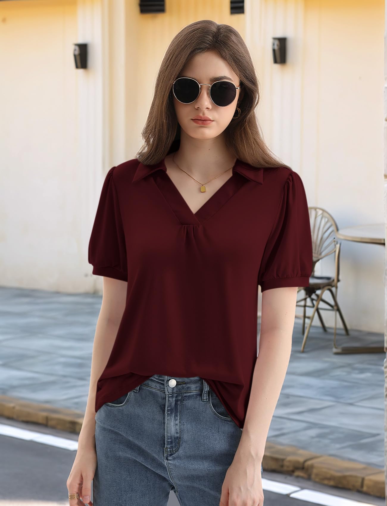 LA BAIESO Womens Puff Short Sleeve Polo Shirts V Neck Dressy Business Casual Summer Collared Tops Loose Tunic Cute Blouses