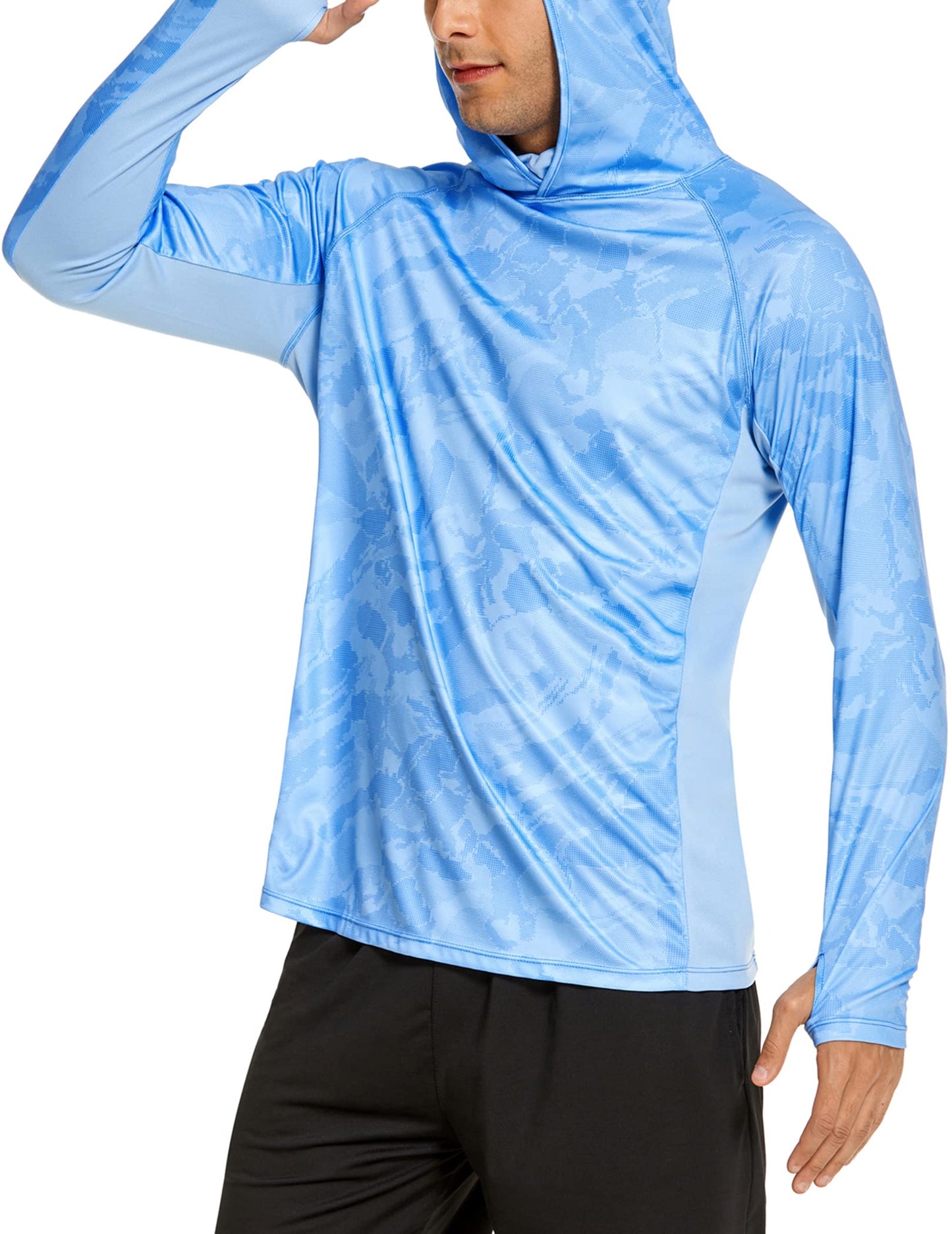 COOrun Men's Hooded Sun Shirts with Mask Fishing Shirts for Men Long Sleeve UPF 50 Rash Guards Cooling Hoodies Hiking Shirts Blue