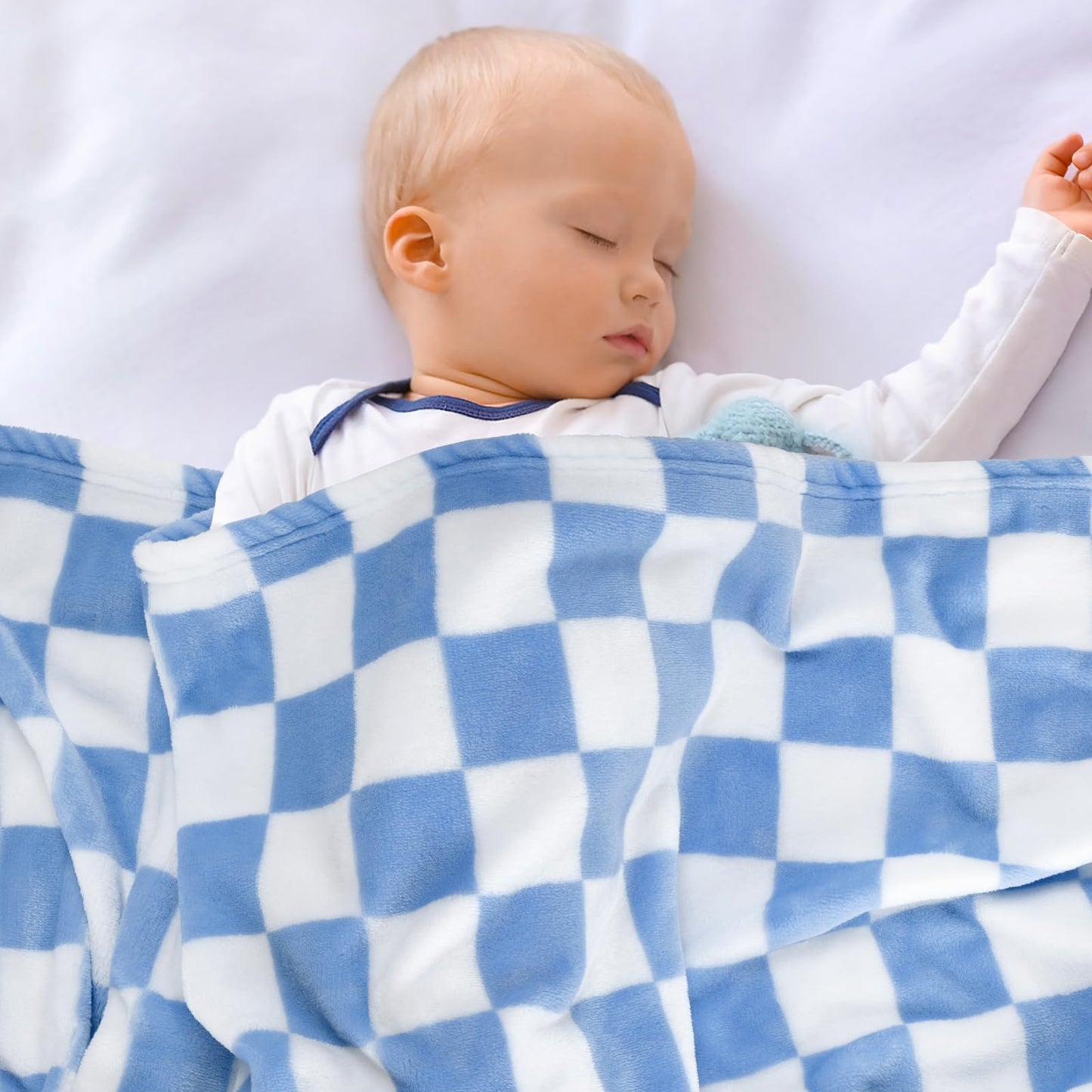 GreatBba Plush Checkered Baby Blanket for Boys Girls Nursery, 30"*40" Warm Short Fleece Blanket Neutral for Infant Newborn, Small Fuzzy for Sleeping, Chenille Baby for Stroller (Blue&White)