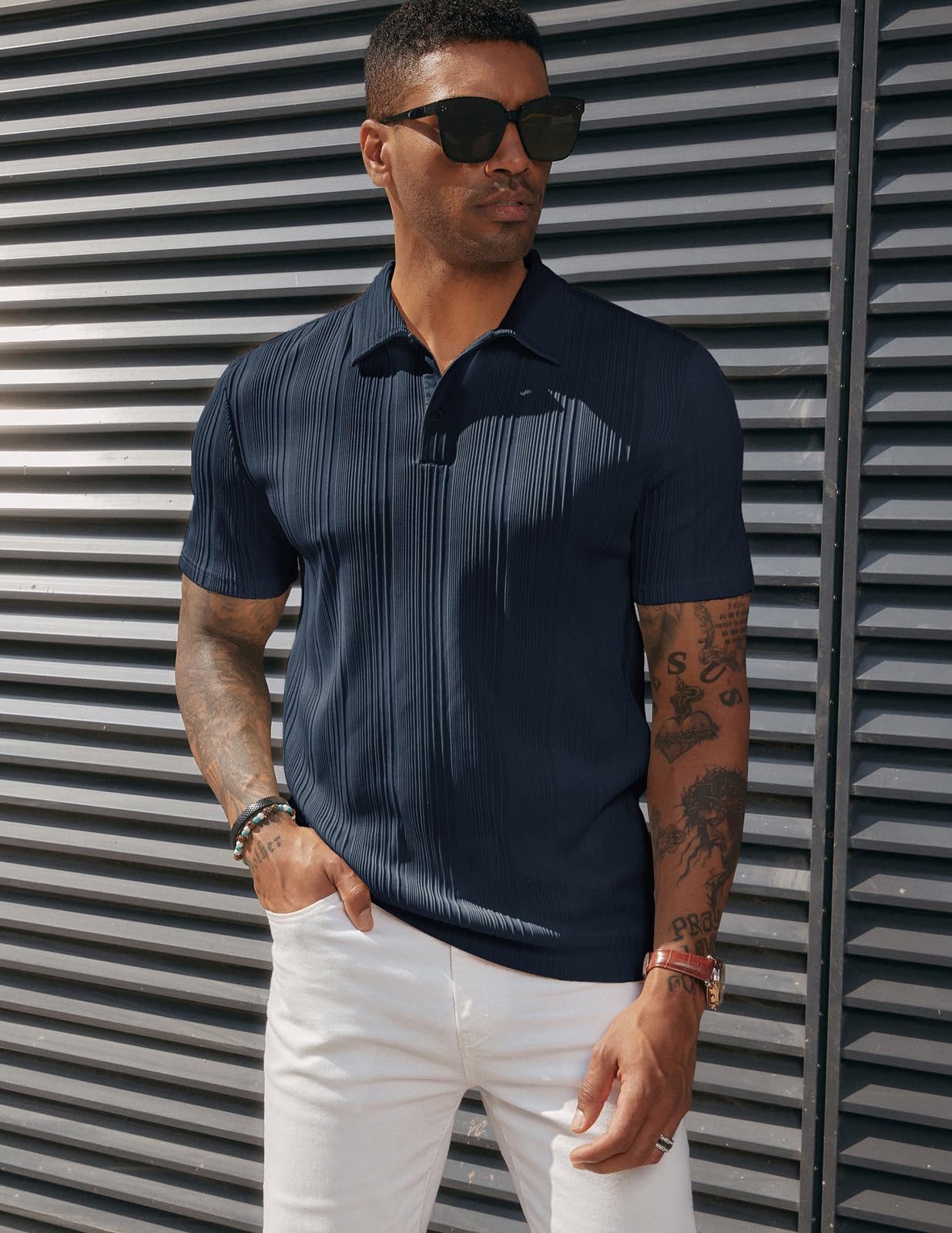 Mens Polo Shirts Textured Soft Touch Regular Fit Golf Polo Shirts Navy