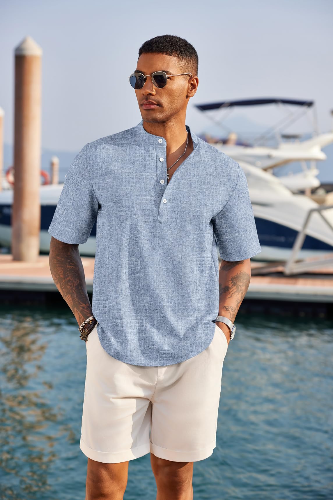 COOFANDY Men's Linen Henley Shirts Summer Beach Short Sleeve Loose Fit T Shirt Button Up Lightweight Casual Tee